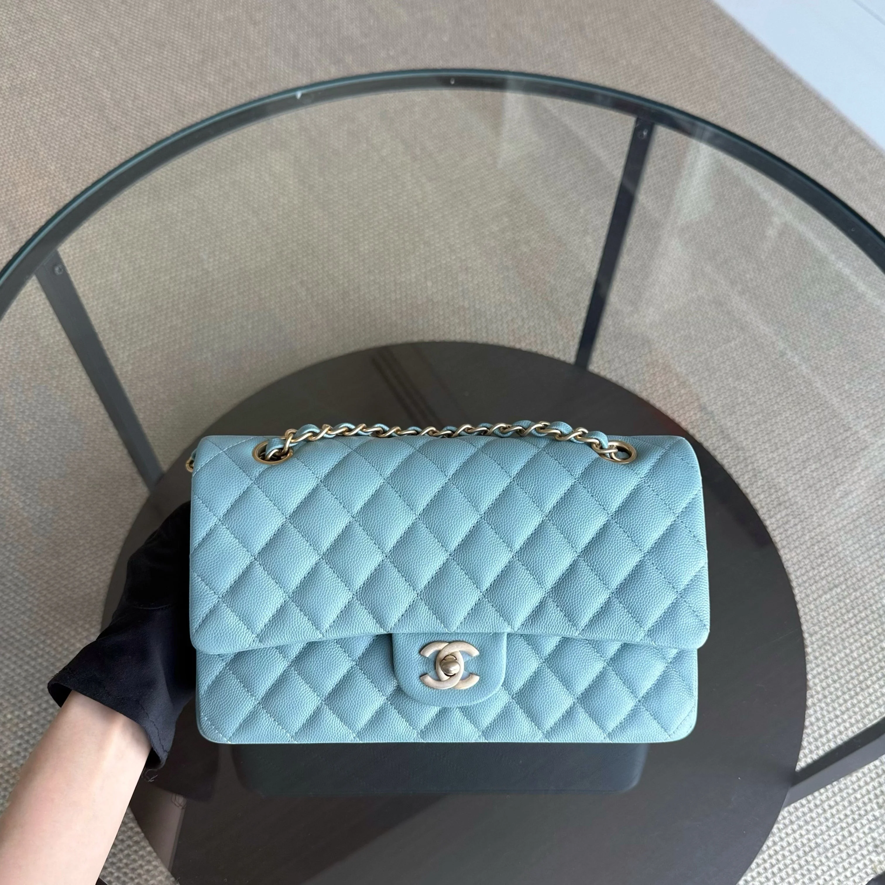 Chanel Classic Flap Medium - Caviar 25CM Quilted Grained Calfskin Light Blue Gold Hardware Series 25