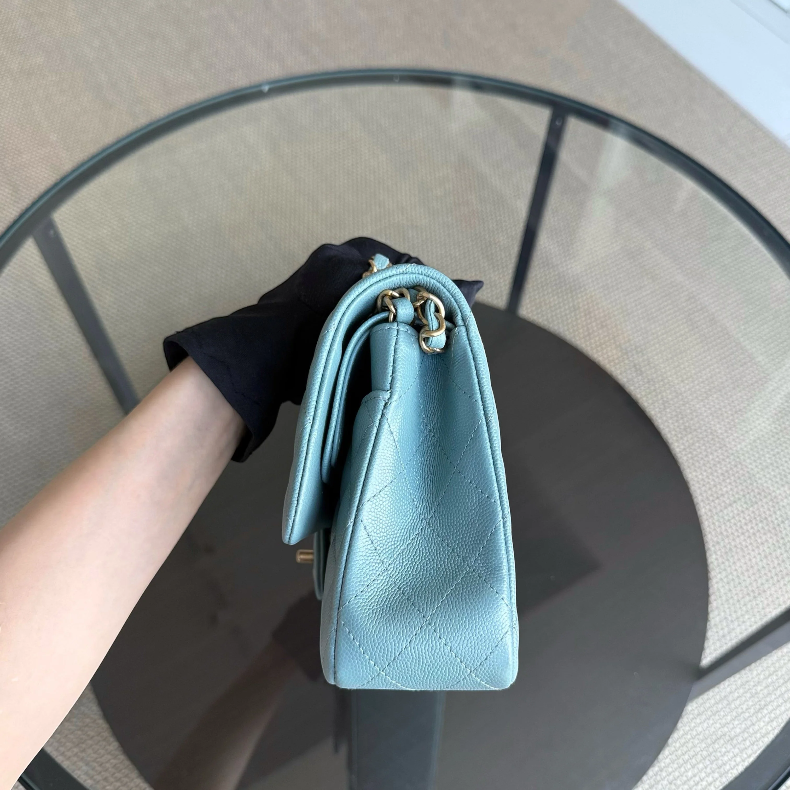 Chanel Classic Flap Medium - Caviar 25CM Quilted Light Blue Gold Hardware Series 25