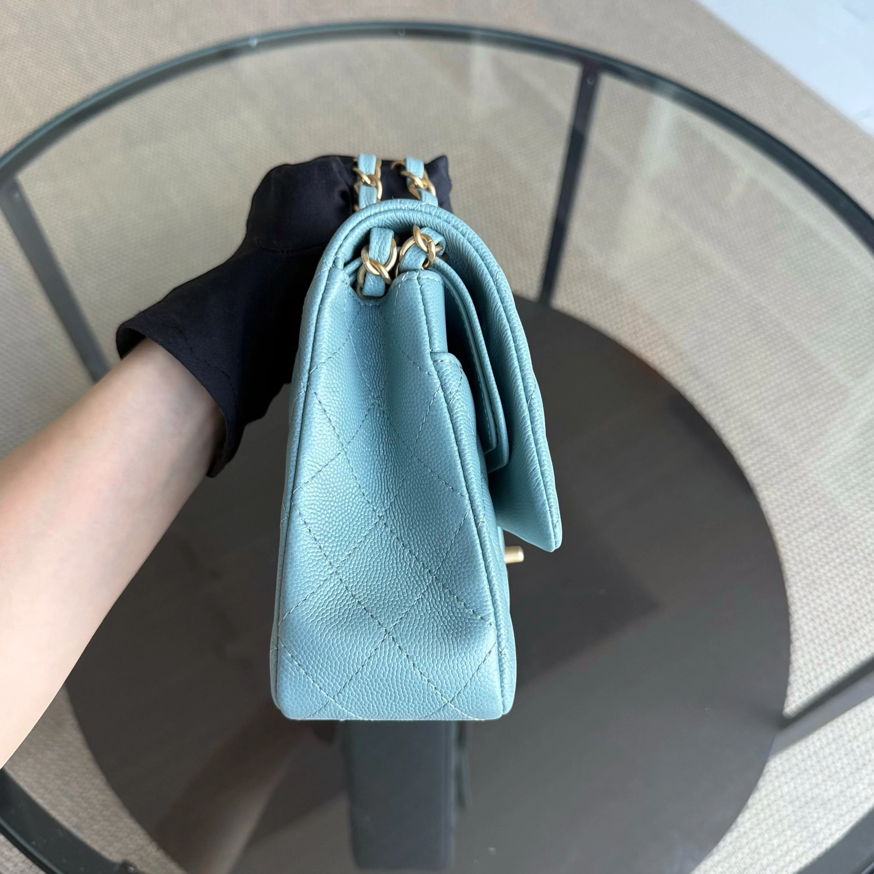 Chanel Classic Flap Medium - Caviar 25CM Quilted Light Blue Gold Hardware Series 25