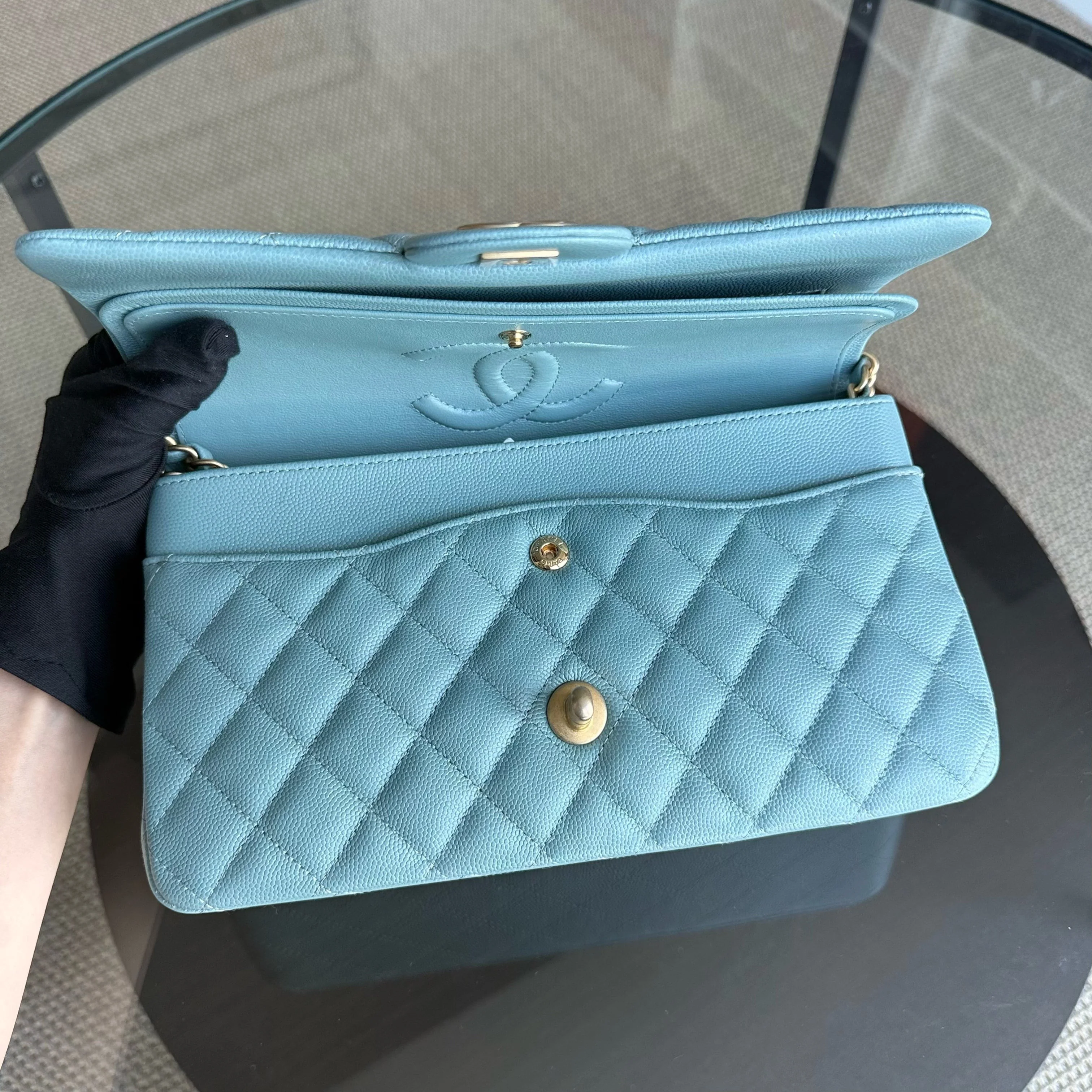 Chanel Classic Flap Medium - Caviar 25CM Quilted Light Blue Gold Hardware Series 25