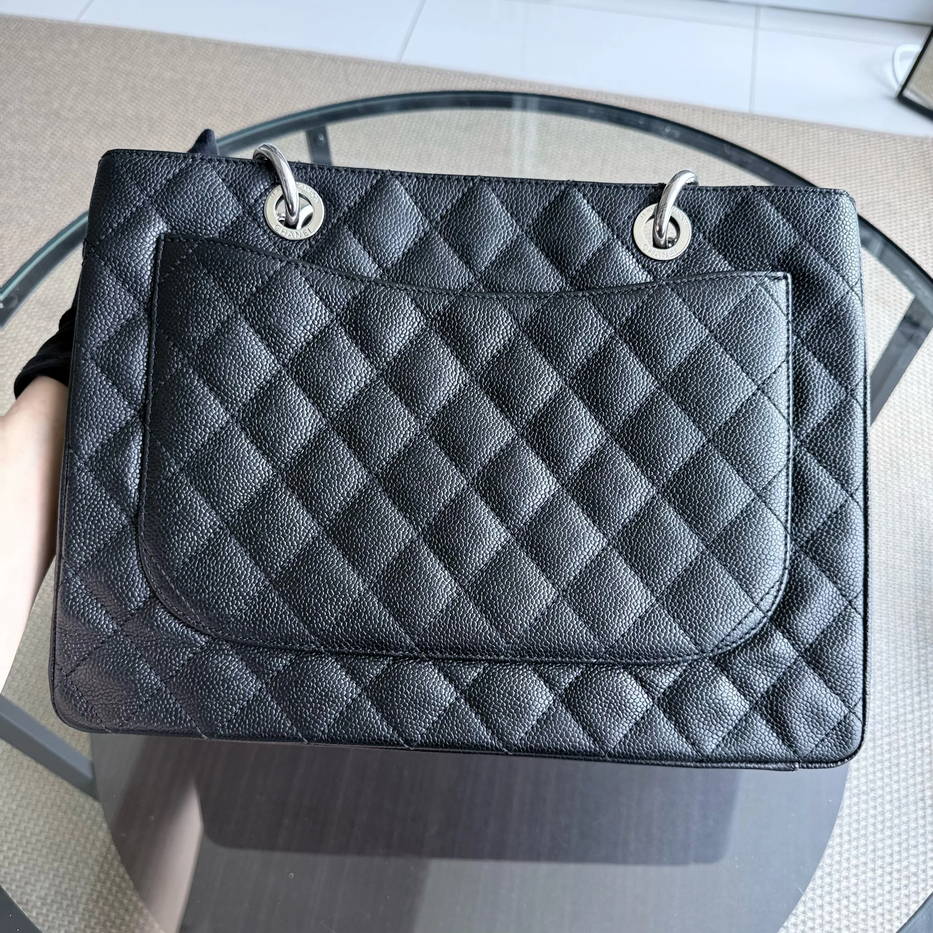 Chanel GST Grand Shopping Tote - Caviar Quilted Grained Calfskin Black Silver Hardware