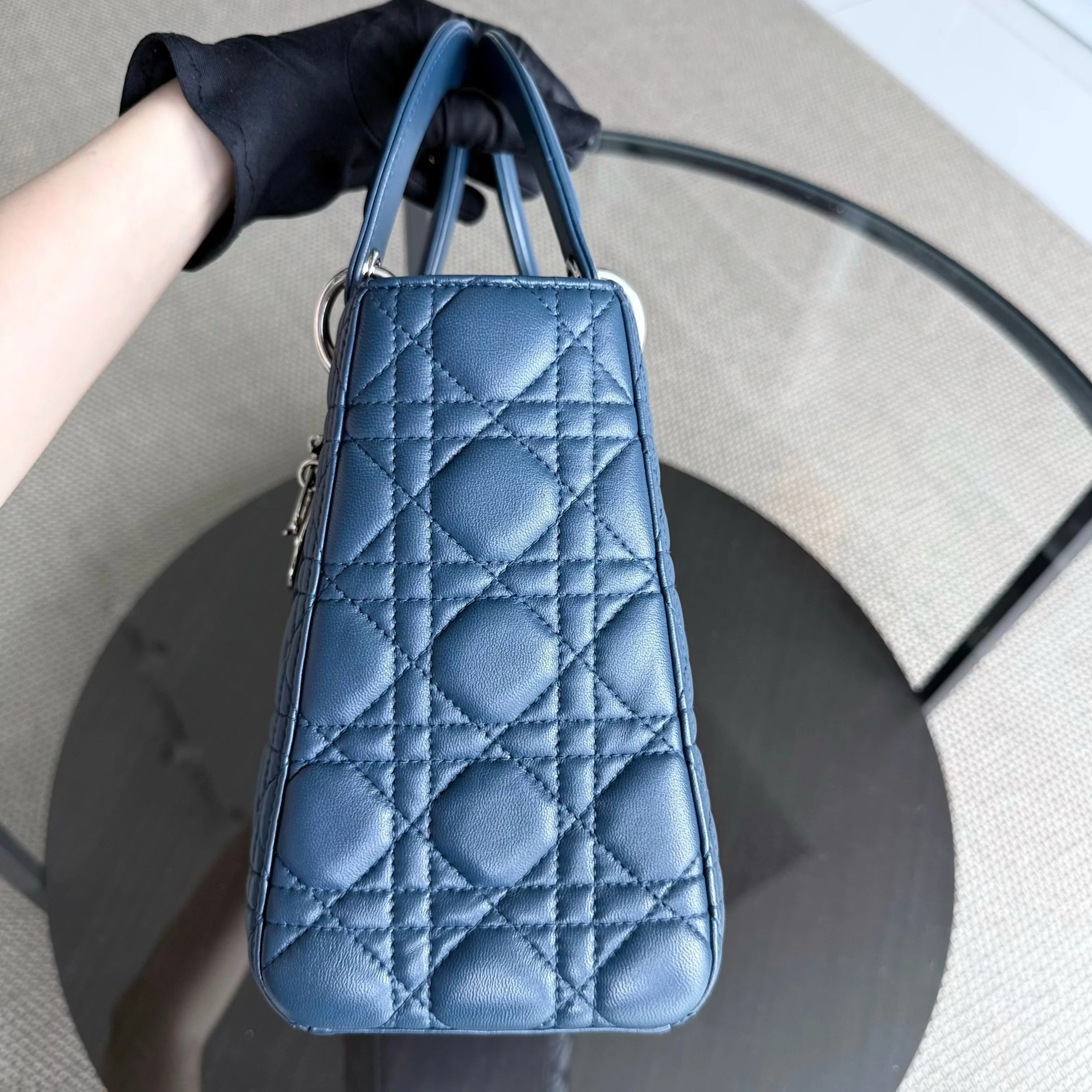 Dior Lady Medium - Cannage Lambskin Blue Silver Hardware