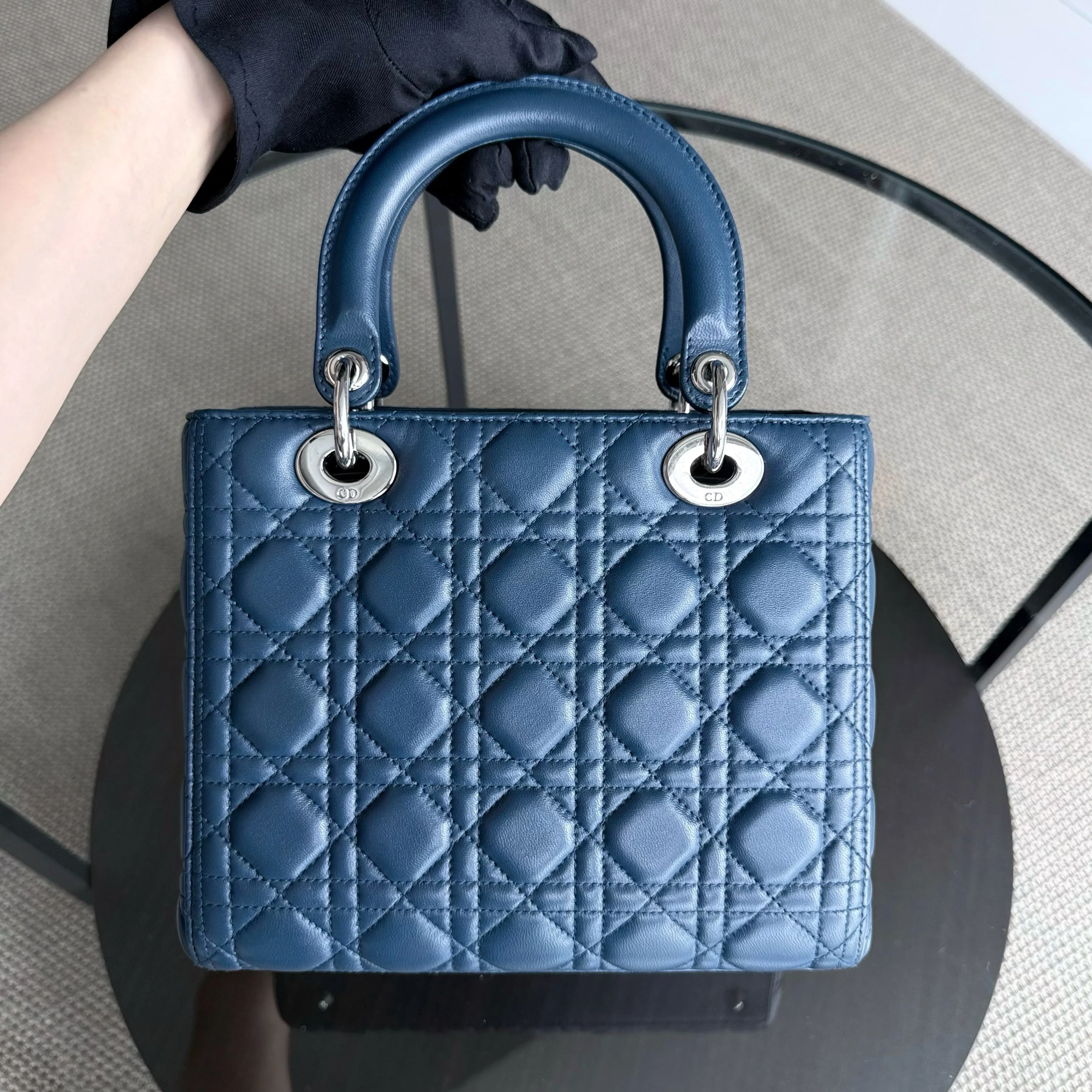 Dior Lady Medium - Cannage Lambskin Blue Silver Hardware