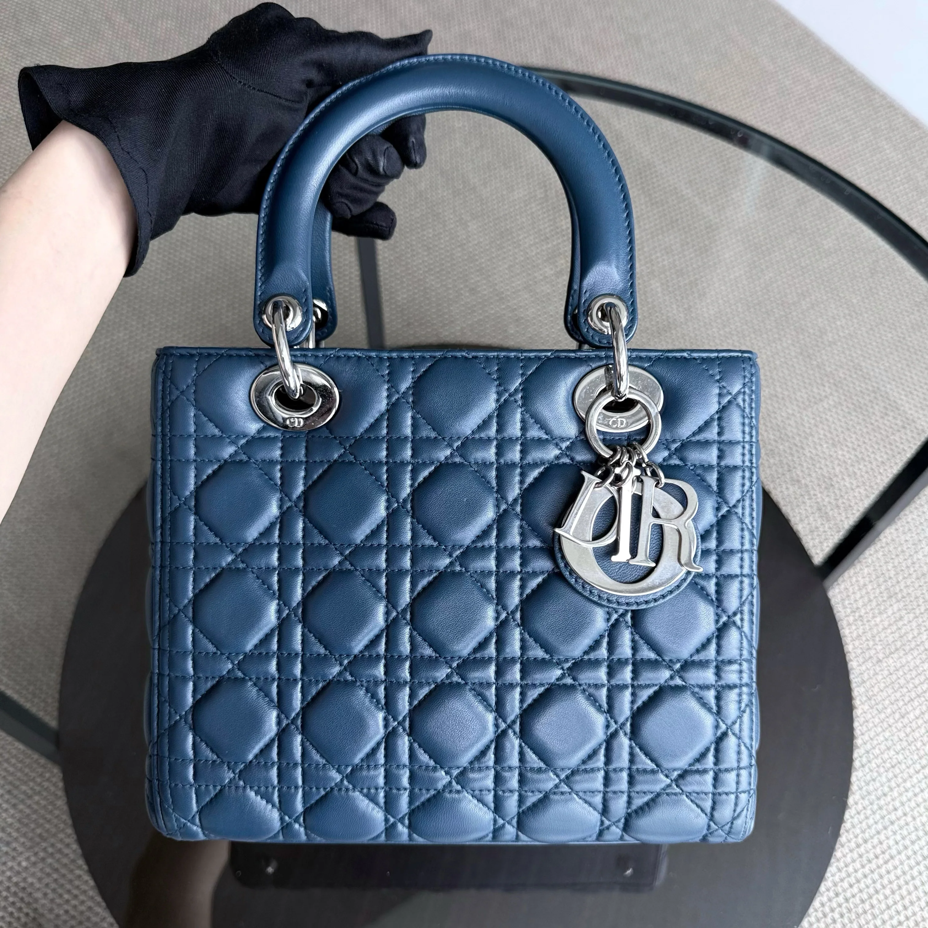 Dior Lady Medium - Cannage Lambskin Blue Silver Hardware