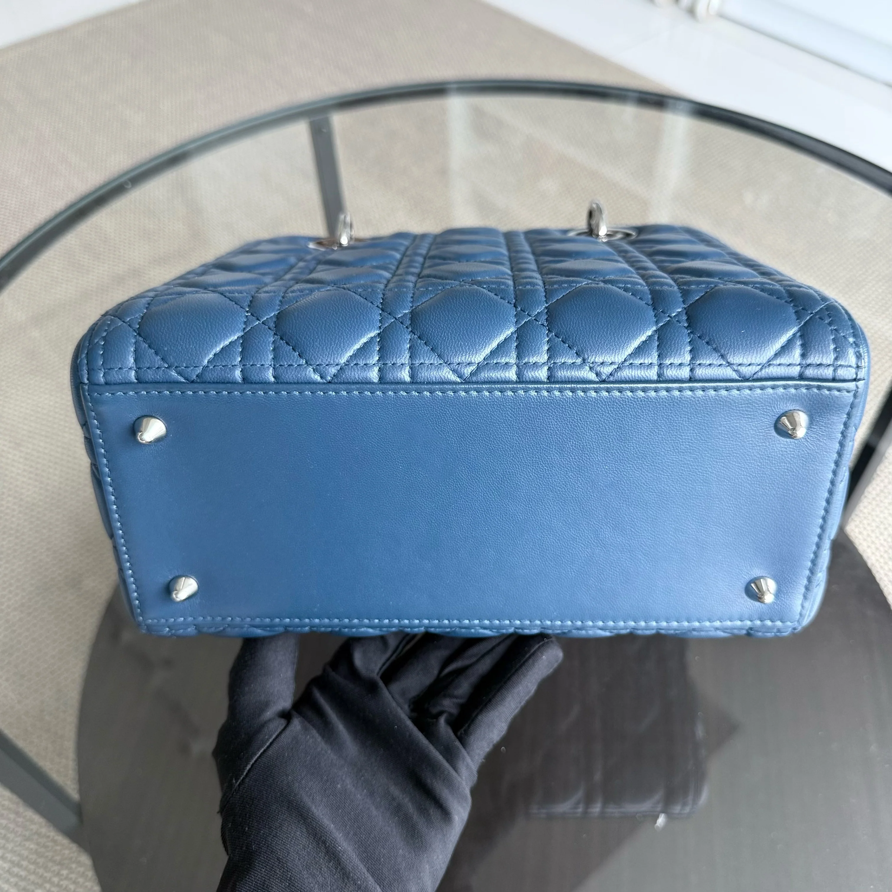 Dior Lady Medium - Cannage Lambskin Blue Silver Hardware