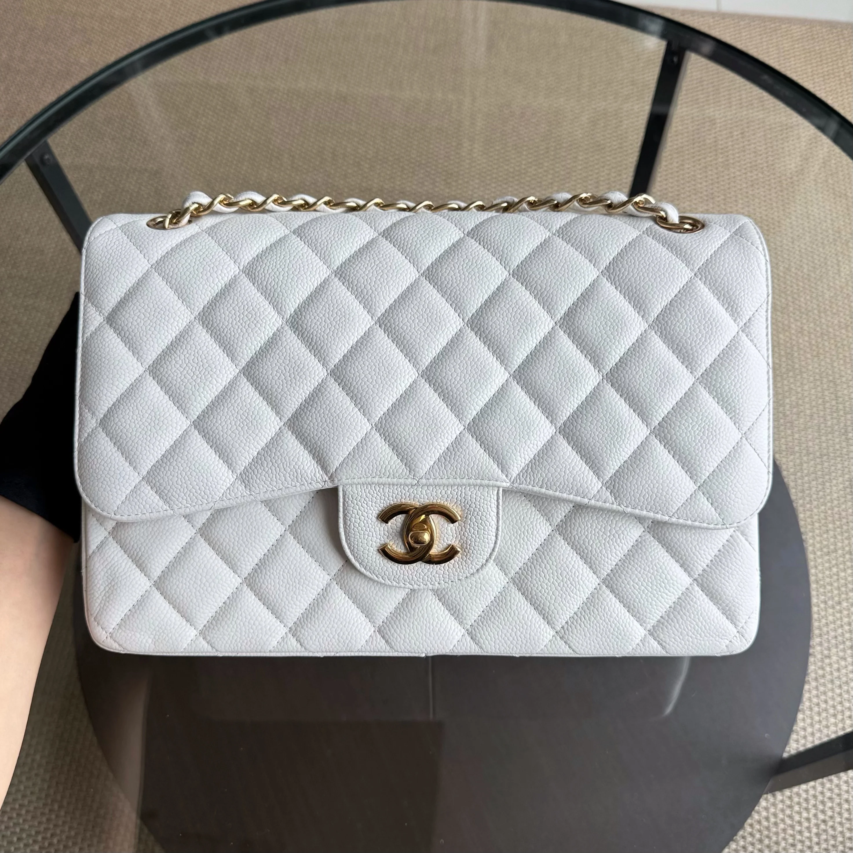 Chanel Classic Flap Jumbo - Caviar Double Flap Quilted Grained Calfskin White Gold Hardware Series 14