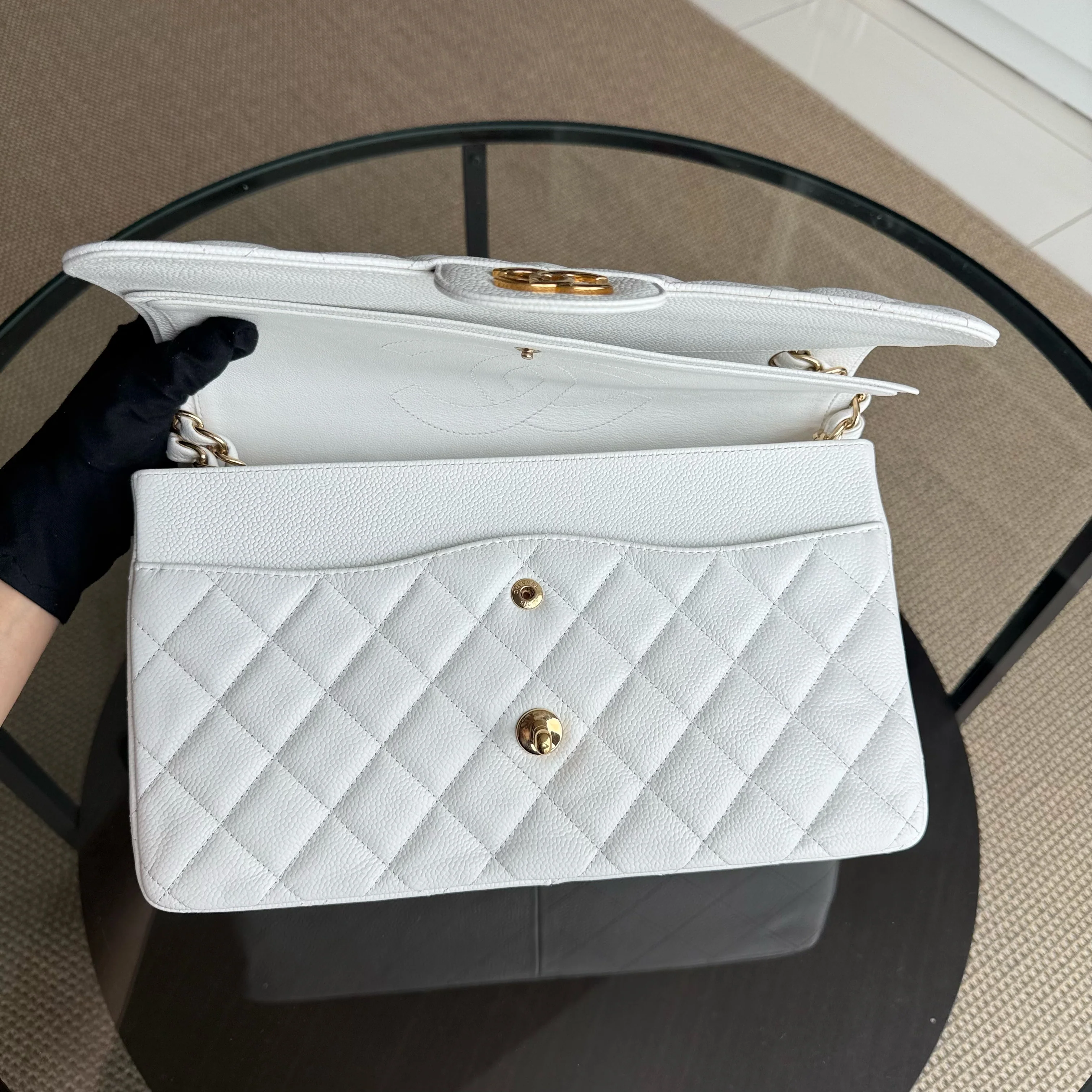 Chanel Classic Flap Jumbo - Caviar Double Flap Quilted Grained Calfskin White Gold Hardware Series 14