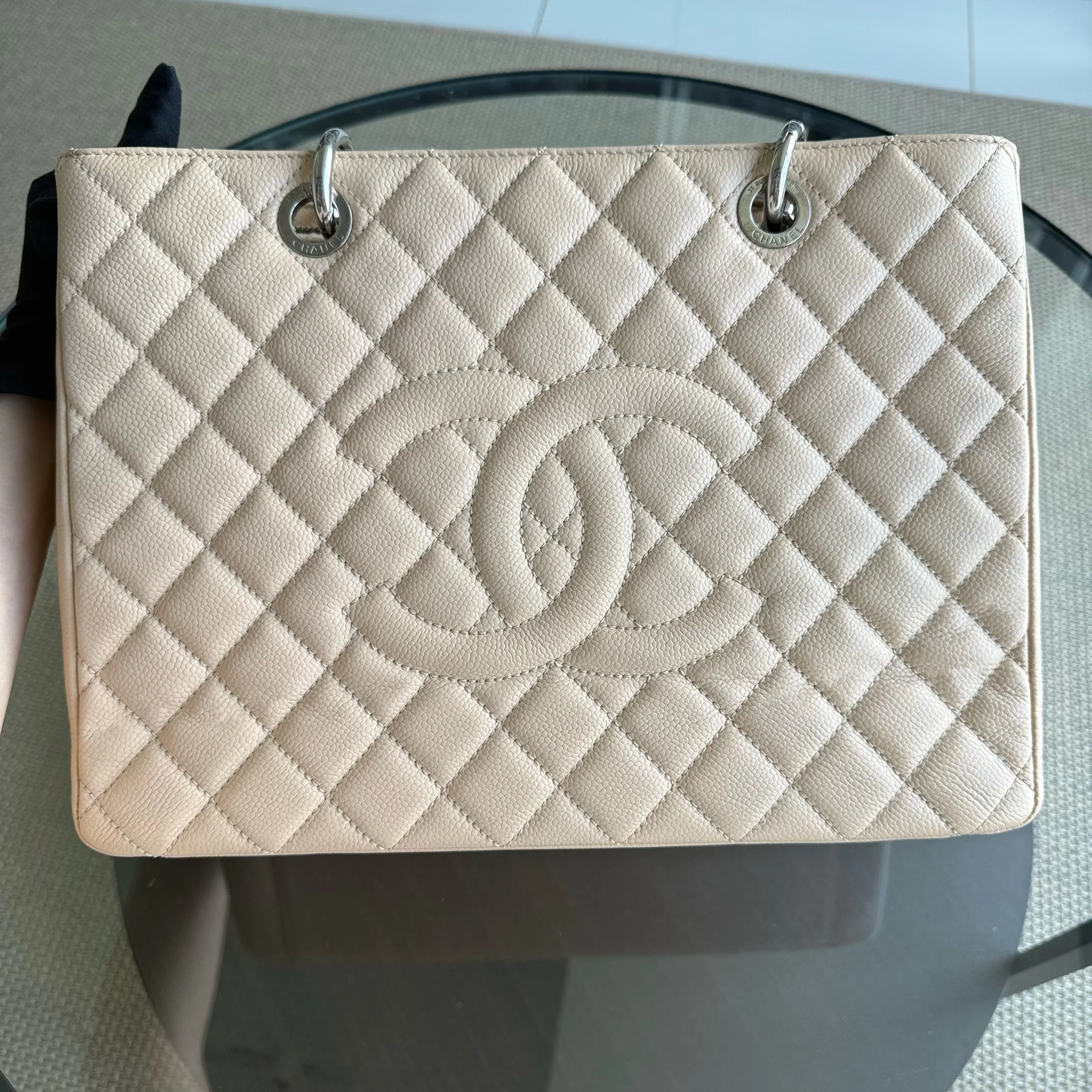 Chanel GST Grand Shopping Tote - Caviar Quilted Grained Calfskin Light Beige Silver Hardware