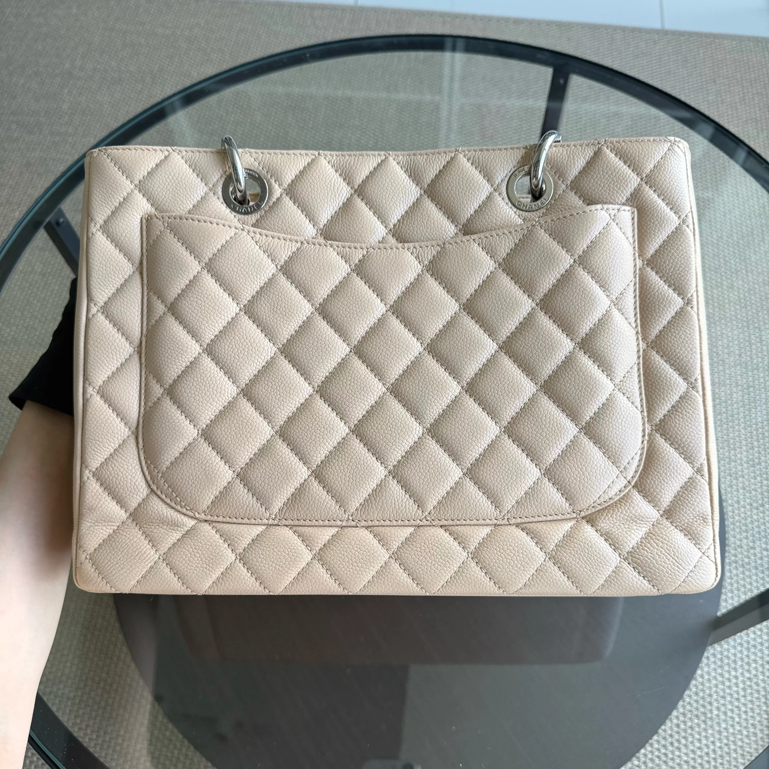 Chanel GST Grand Shopping Tote - Caviar Quilted Grained Calfskin Light Beige Silver Hardware