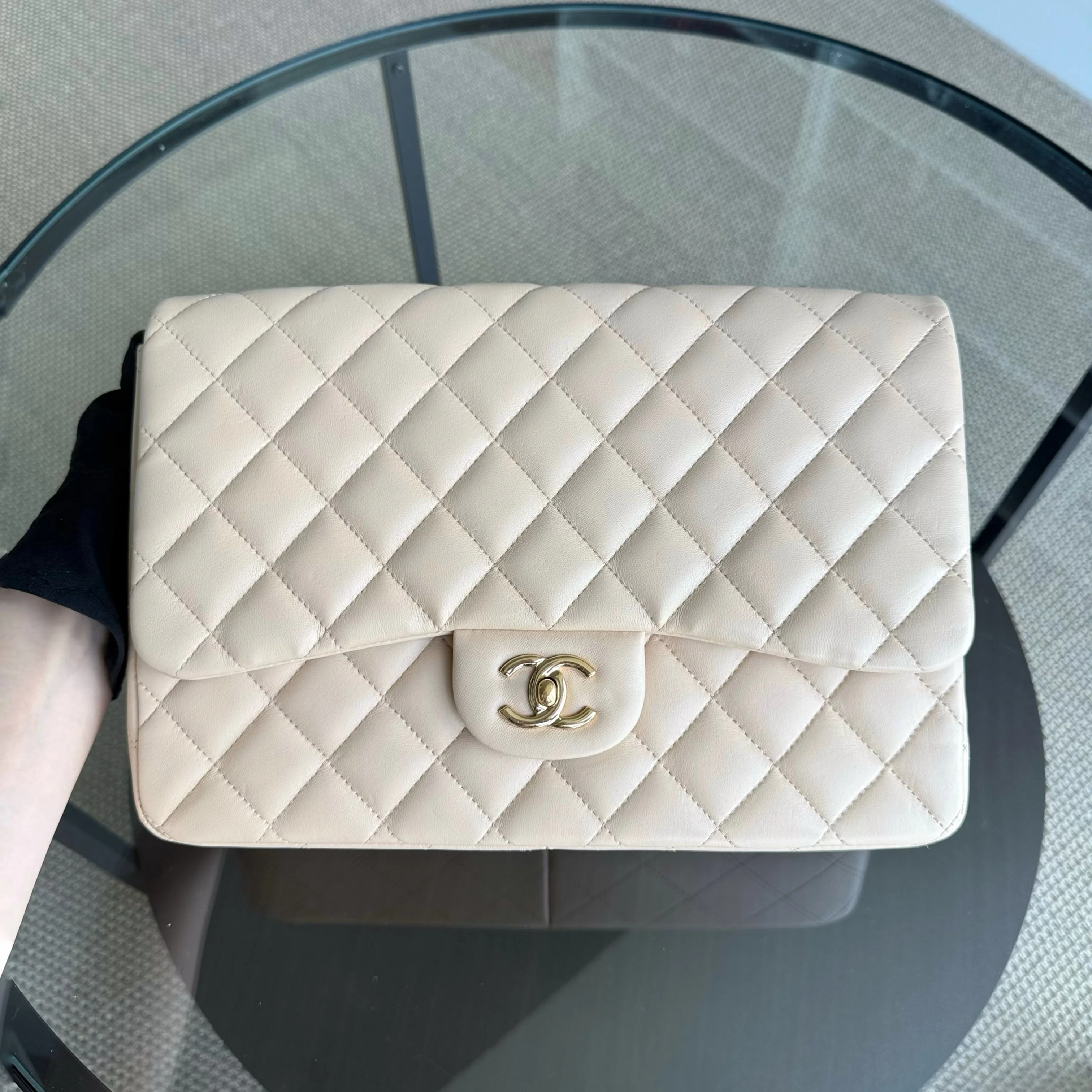 Chanel Classic Flap Jumbo - 30CM Quilted Lambskin Single Flap Light Beige Gold Hardware Series 14