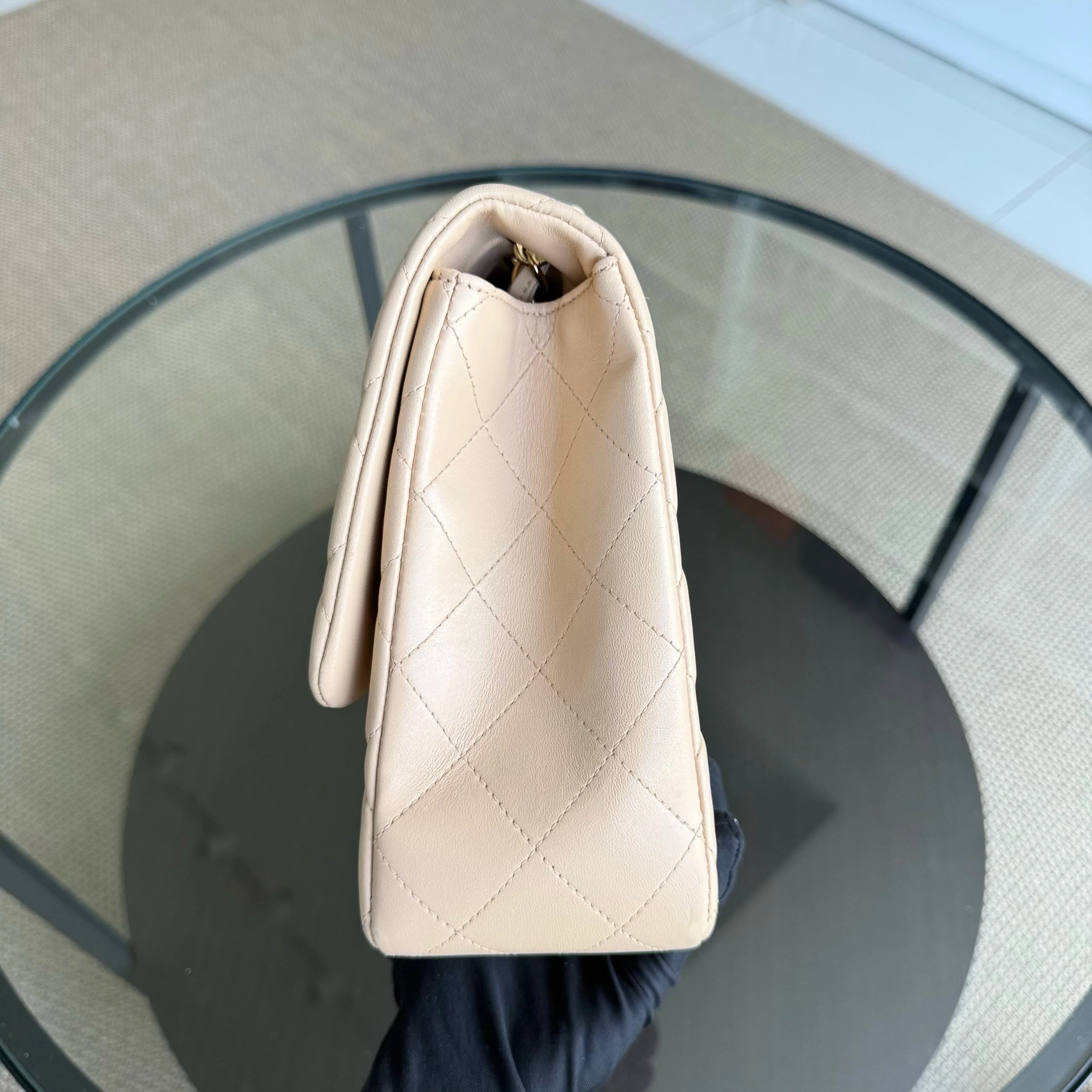 Chanel Classic Flap Jumbo - 30CM Quilted Lambskin Single Flap Light Beige Gold Hardware Series 14