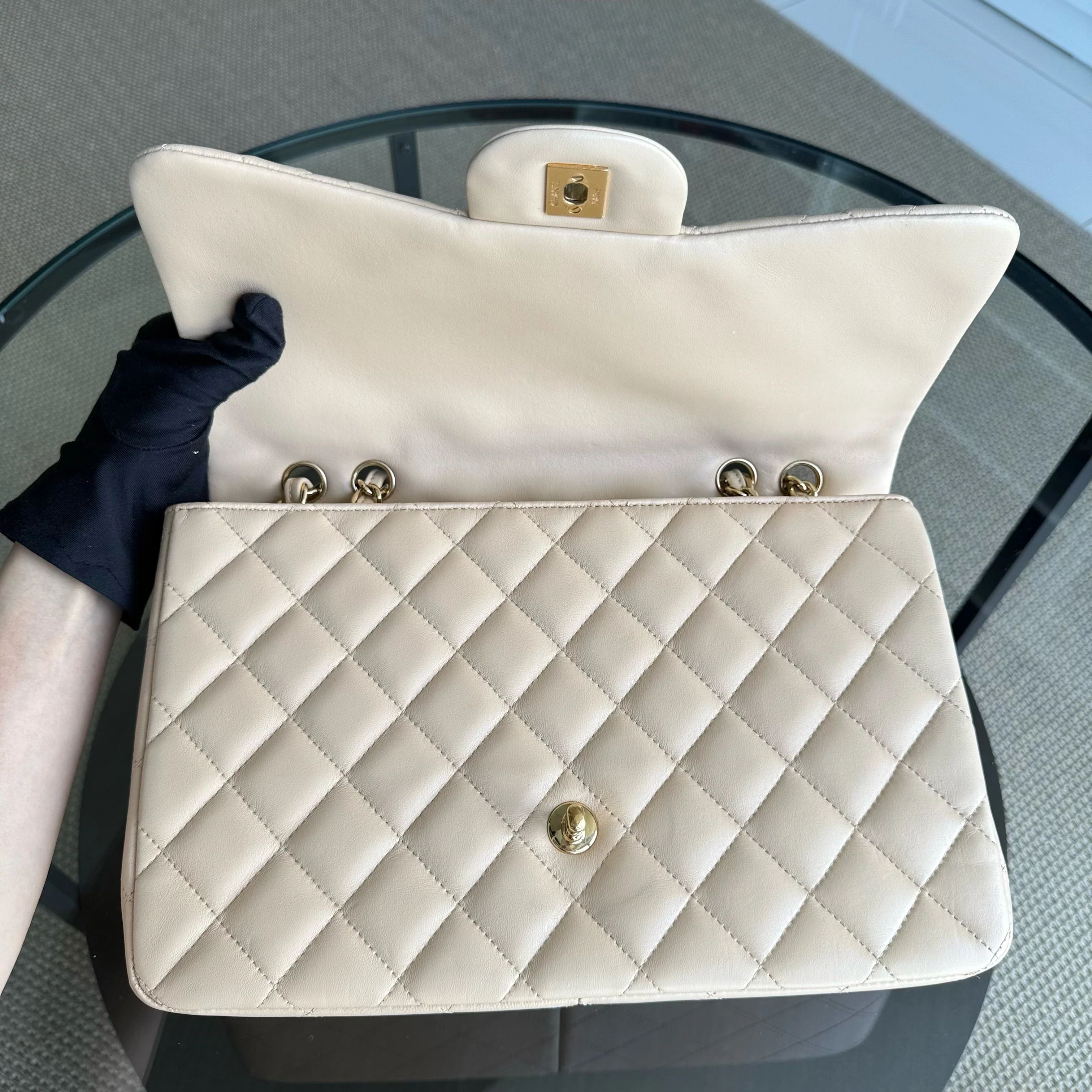 Chanel Classic Flap Jumbo - 30CM Quilted Lambskin Single Flap Light Beige Gold Hardware Series 14