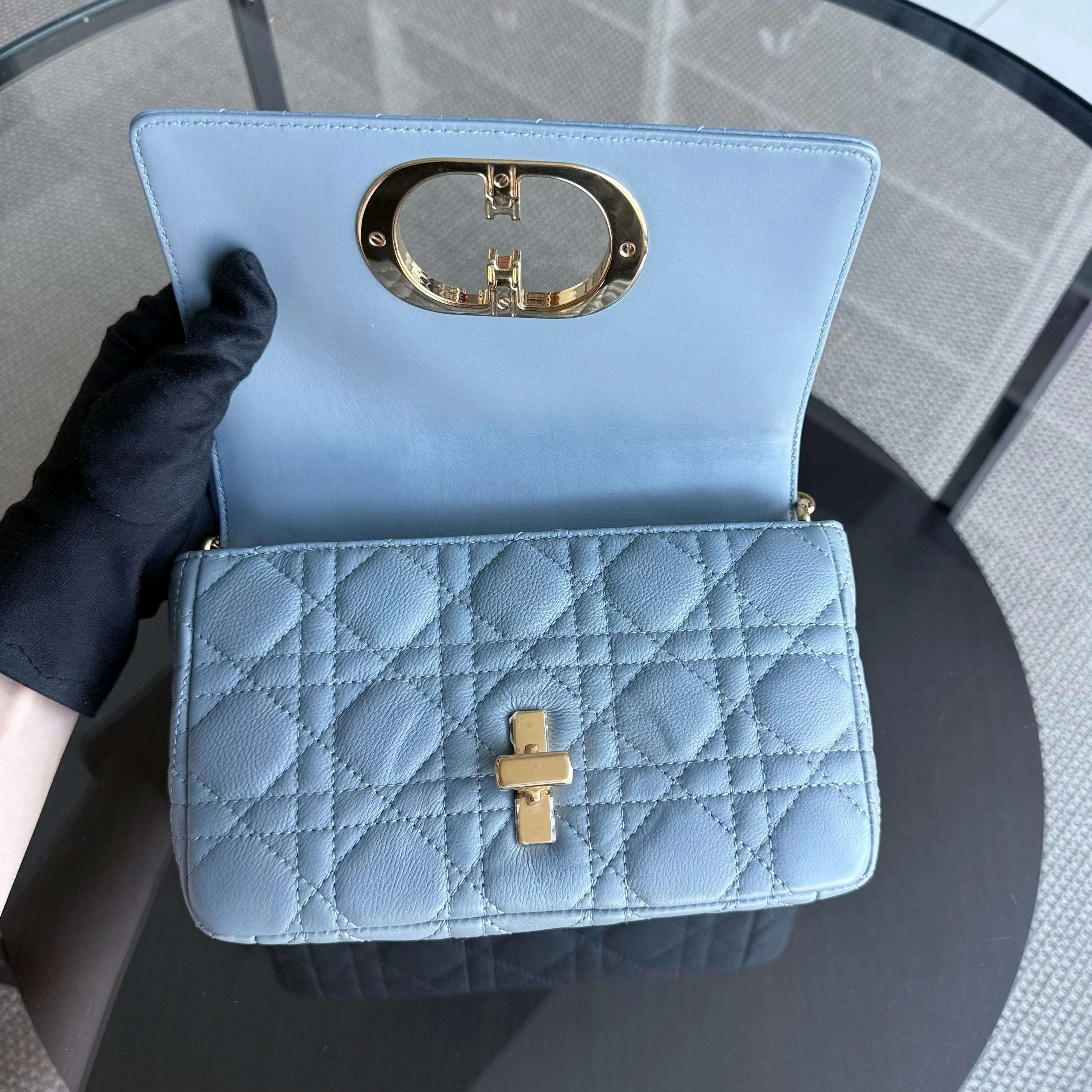 Dior Caro Small - Cannage Calfskin Haze Blue Gold Hardware