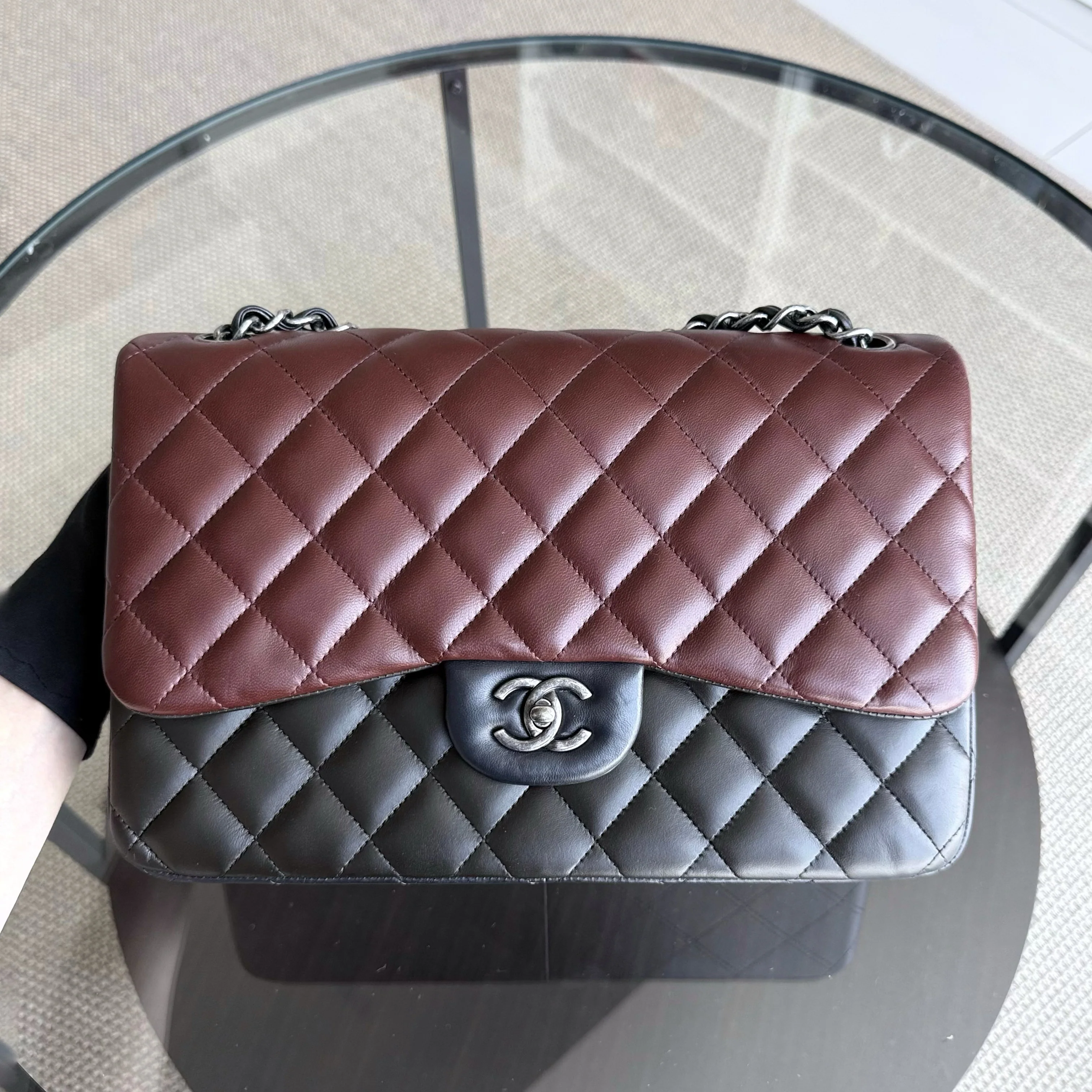 Chanel Classic Flap Jumbo - Quilted Lambskin Bi-Color Burgundy Black Silver Hardware Series 18