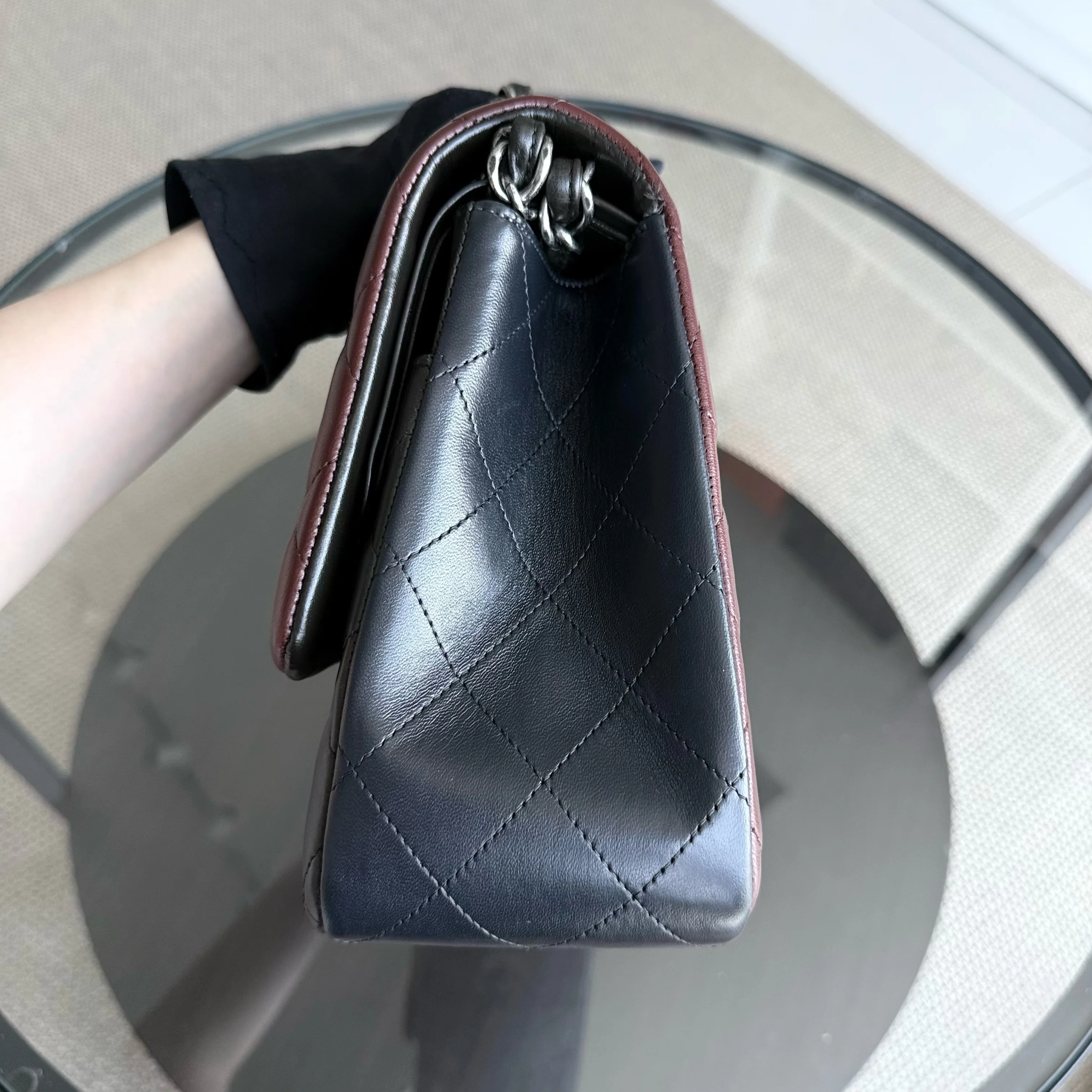 Chanel Classic Flap Jumbo - Quilted Lambskin Bi-Color Burgundy Black Silver Hardware Series 18