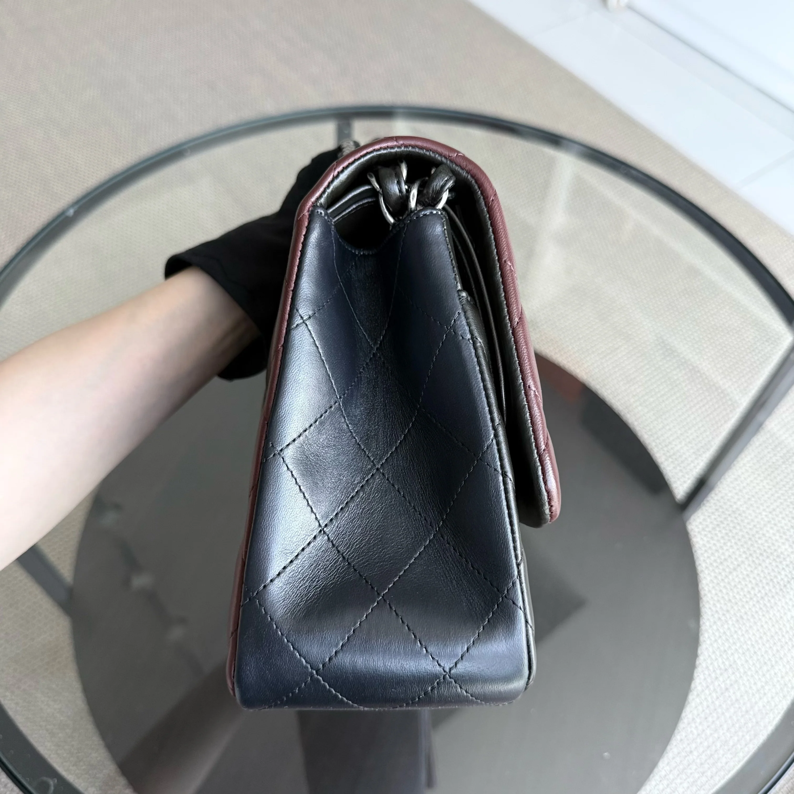 Chanel Classic Flap Jumbo - Quilted Lambskin Bi-Color Burgundy Black Silver Hardware Series 18