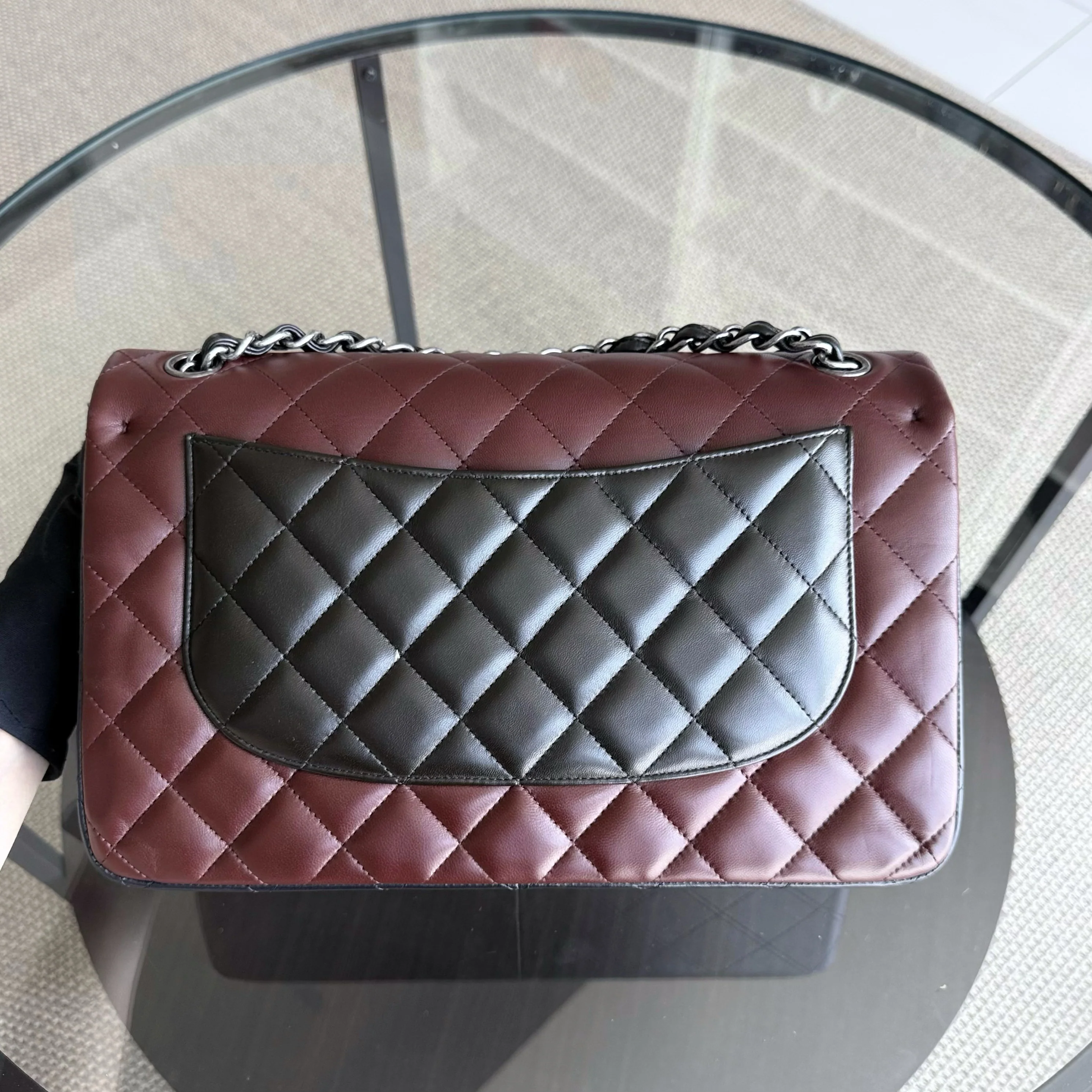 Chanel Classic Flap Jumbo - Quilted Lambskin Bi-Color Burgundy Black Silver Hardware Series 18
