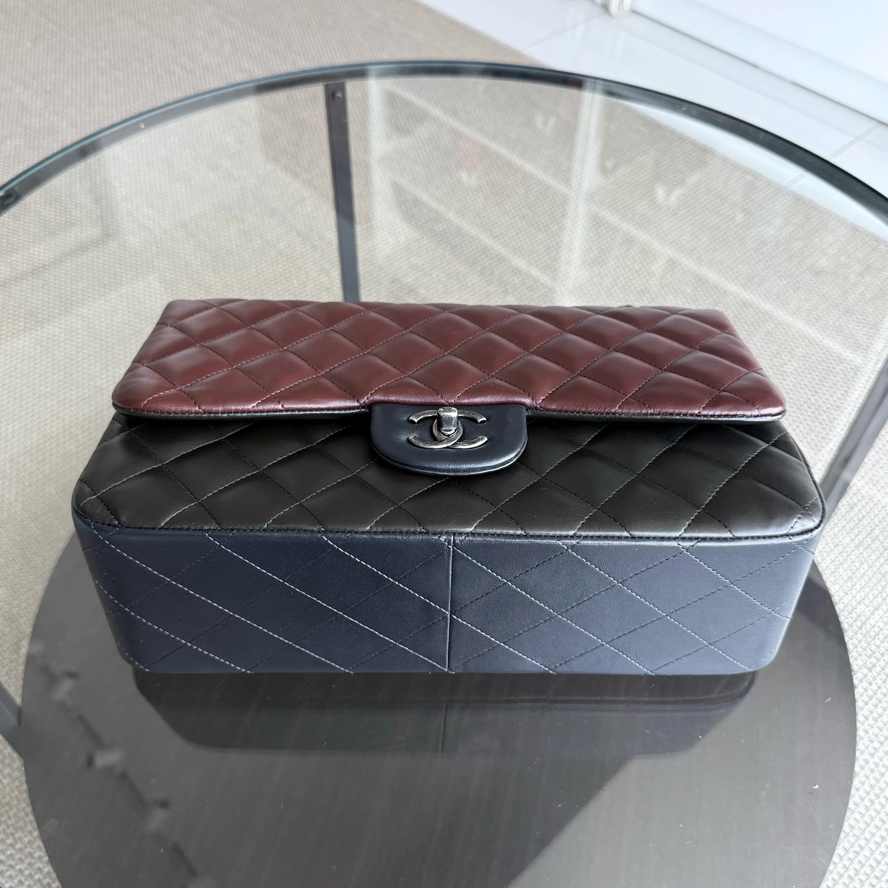 Chanel Classic Flap Jumbo - Quilted Lambskin Bi-Color Burgundy Black Silver Hardware Series 18