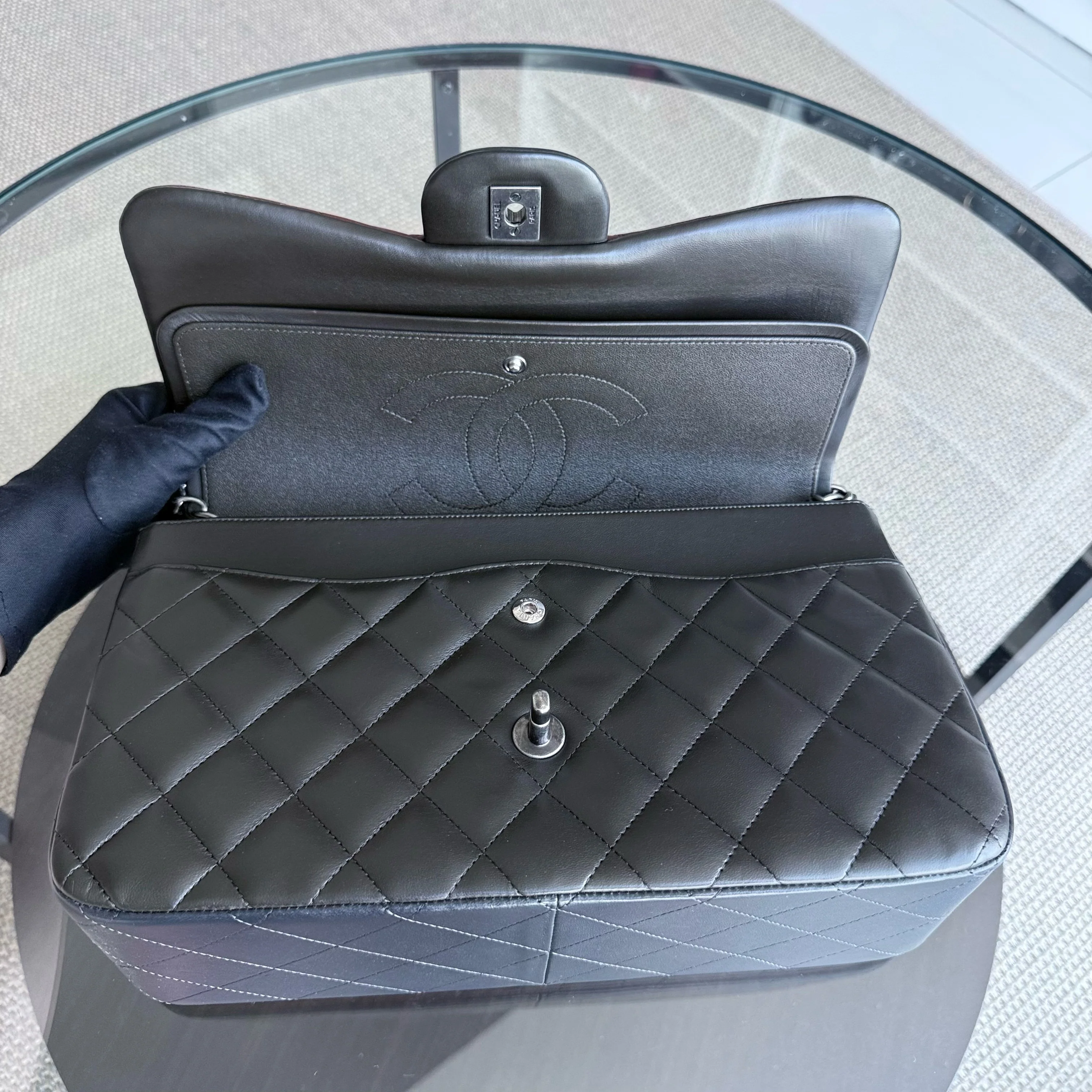 Chanel Classic Flap Jumbo - Quilted Lambskin Bi-Color Burgundy Black Silver Hardware Series 18