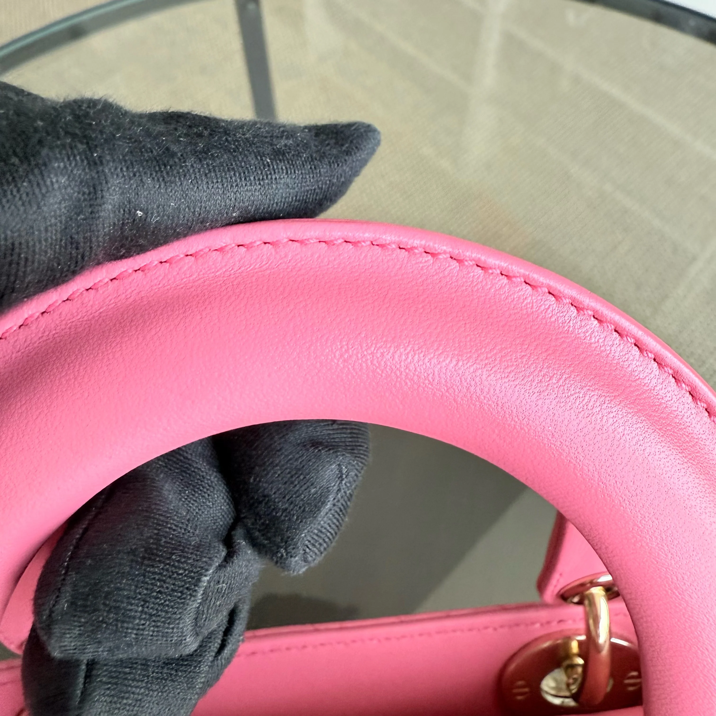 Dior Lady Small - Cannage Lambskin Brabie Pink Gold Hardware Badge Charm