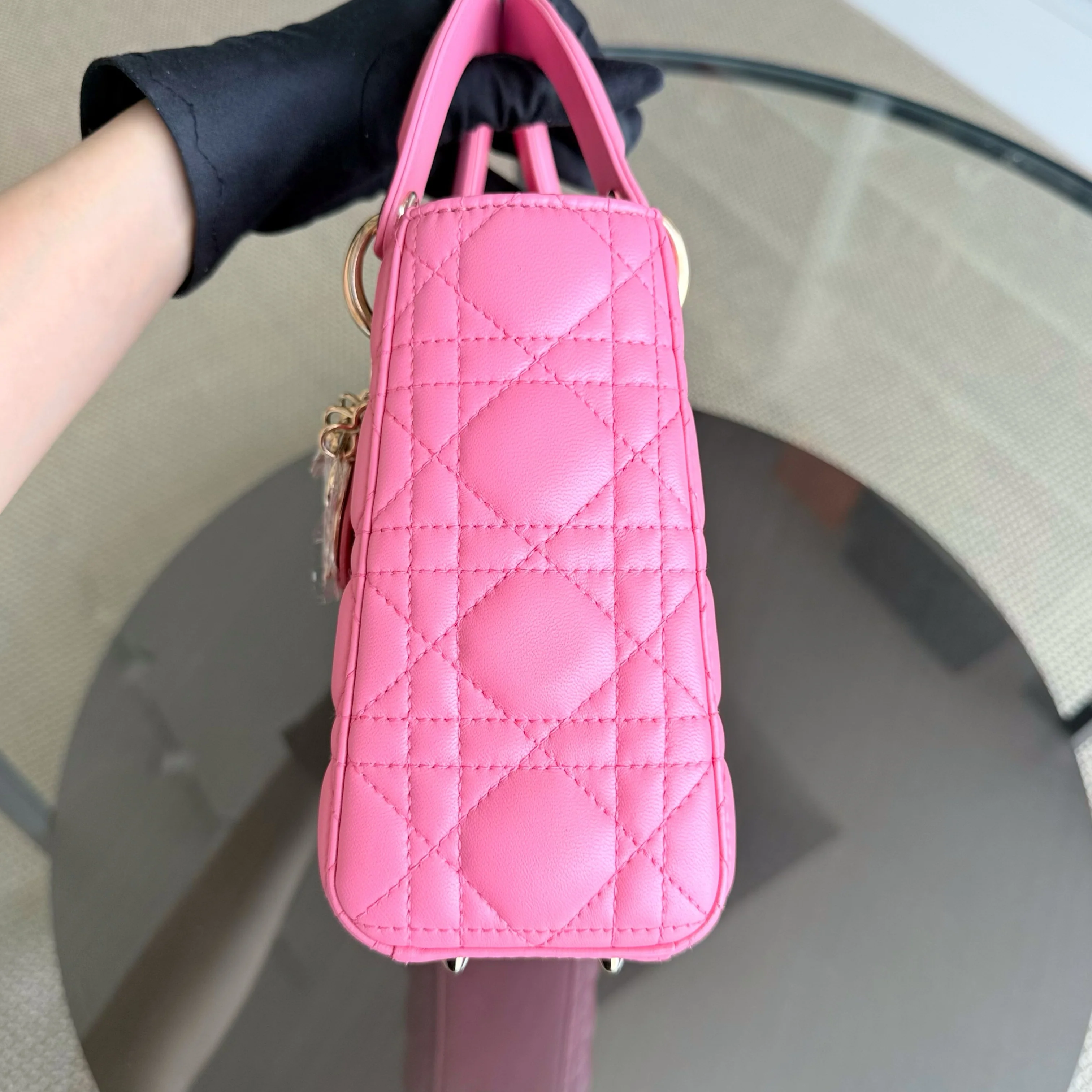 Dior Lady Small - Cannage Lambskin Brabie Pink Gold Hardware Badge Charm