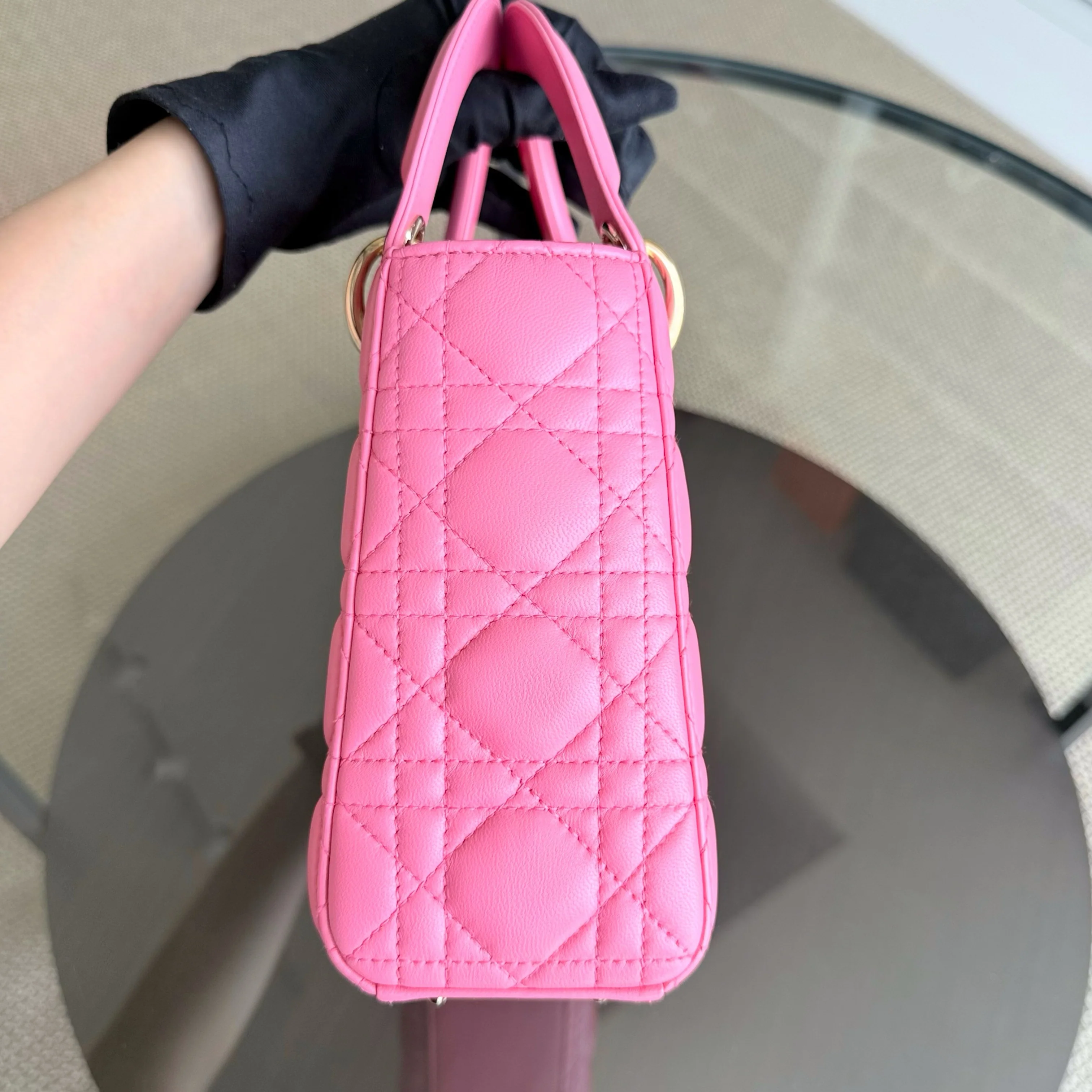 Dior Lady Small - Cannage Lambskin Brabie Pink Gold Hardware Badge Charm