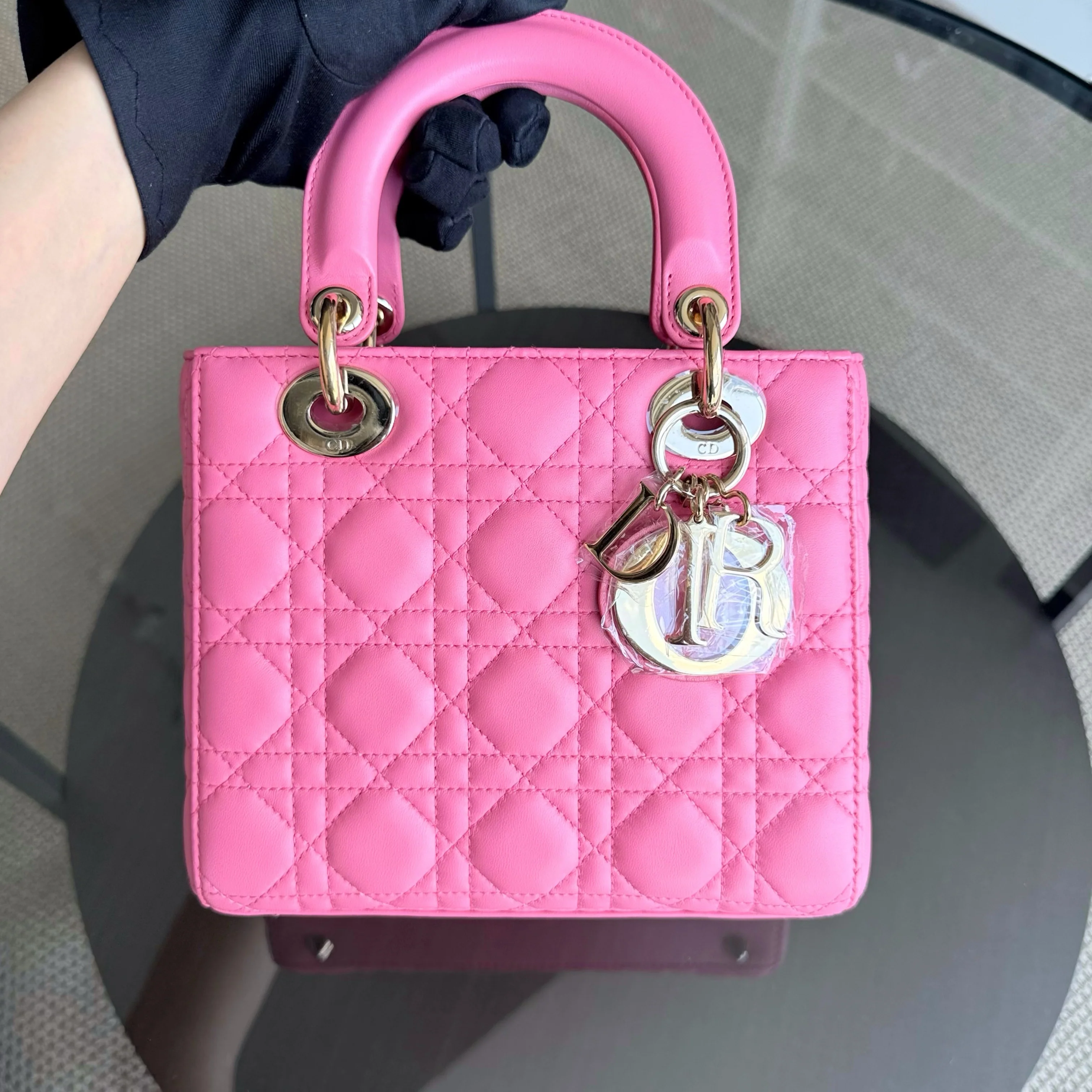 Dior Lady Small - Cannage Lambskin Brabie Pink Gold Hardware Badge Charm