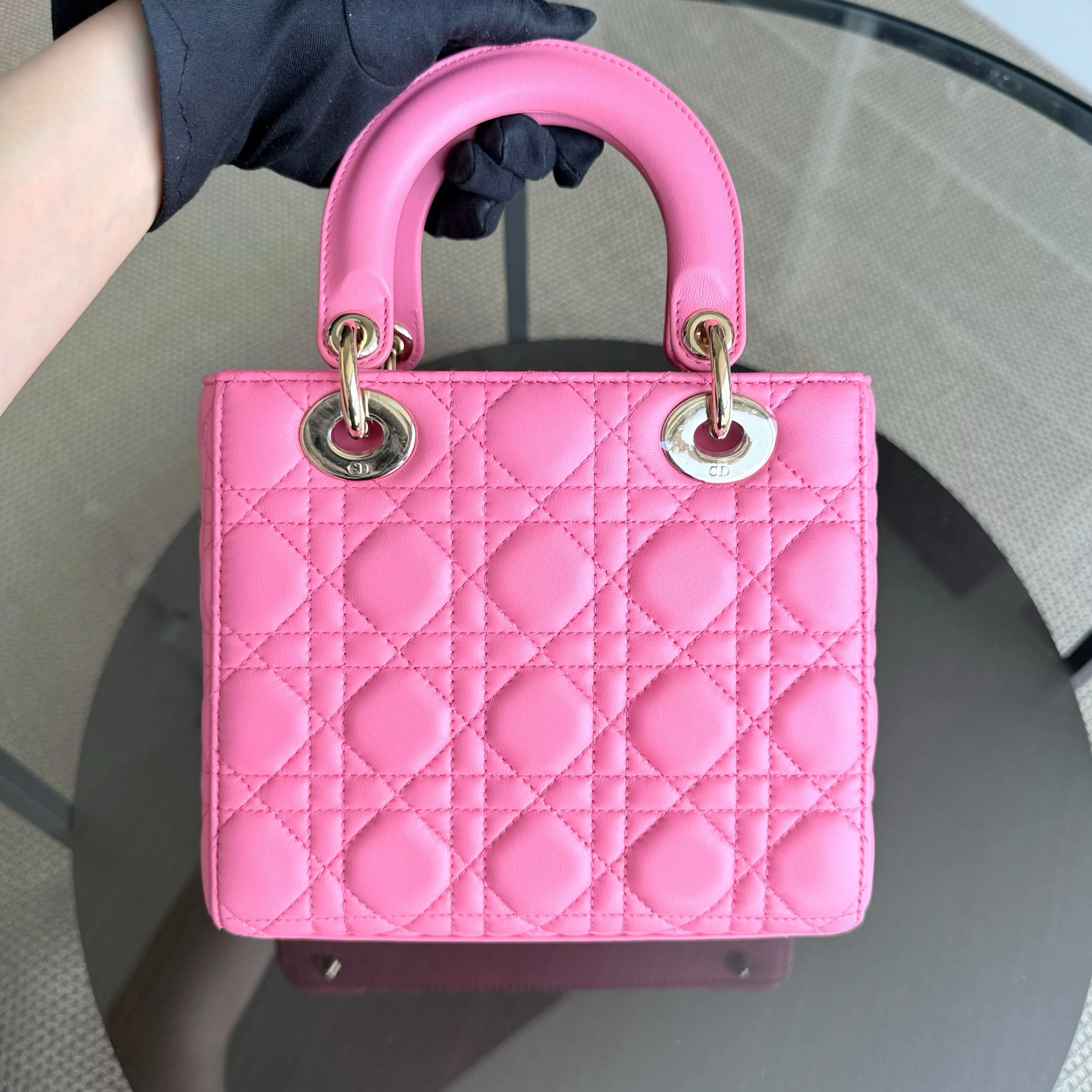 Dior Lady Small - Cannage Lambskin Brabie Pink Gold Hardware Badge Charm