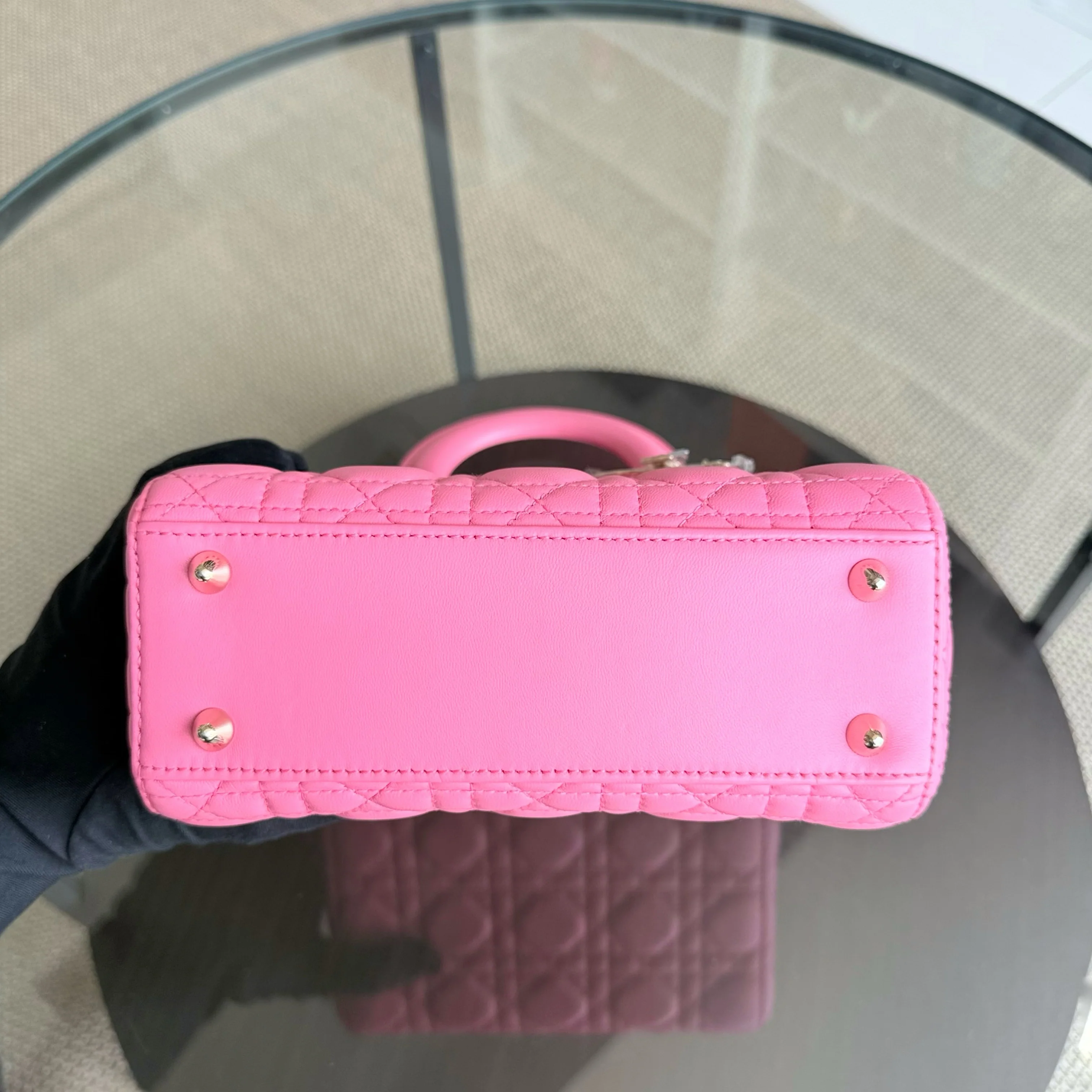 Dior Lady Small - Cannage Lambskin Brabie Pink Gold Hardware Badge Charm