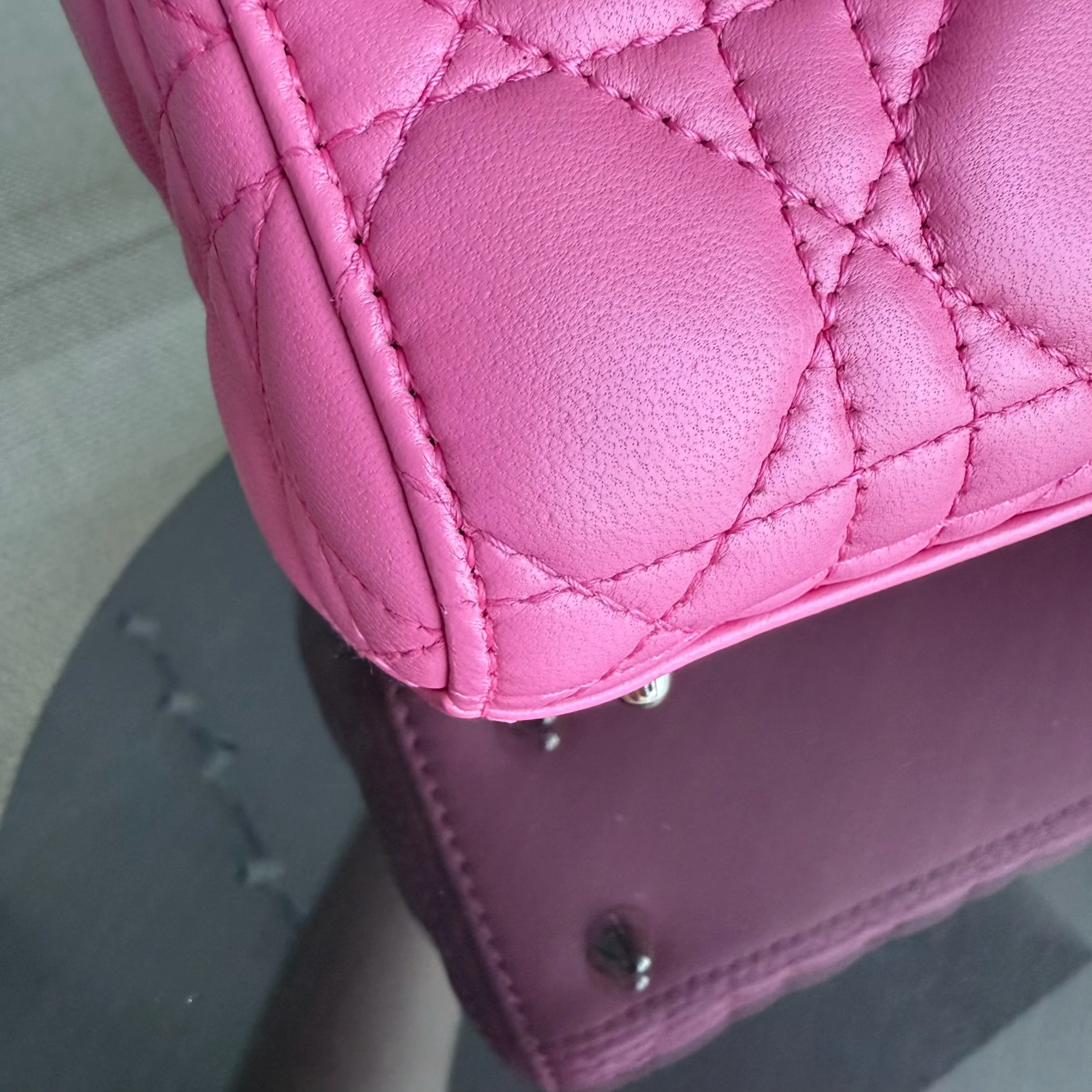 Dior Lady Small - Cannage Lambskin Brabie Pink Gold Hardware Badge Charm