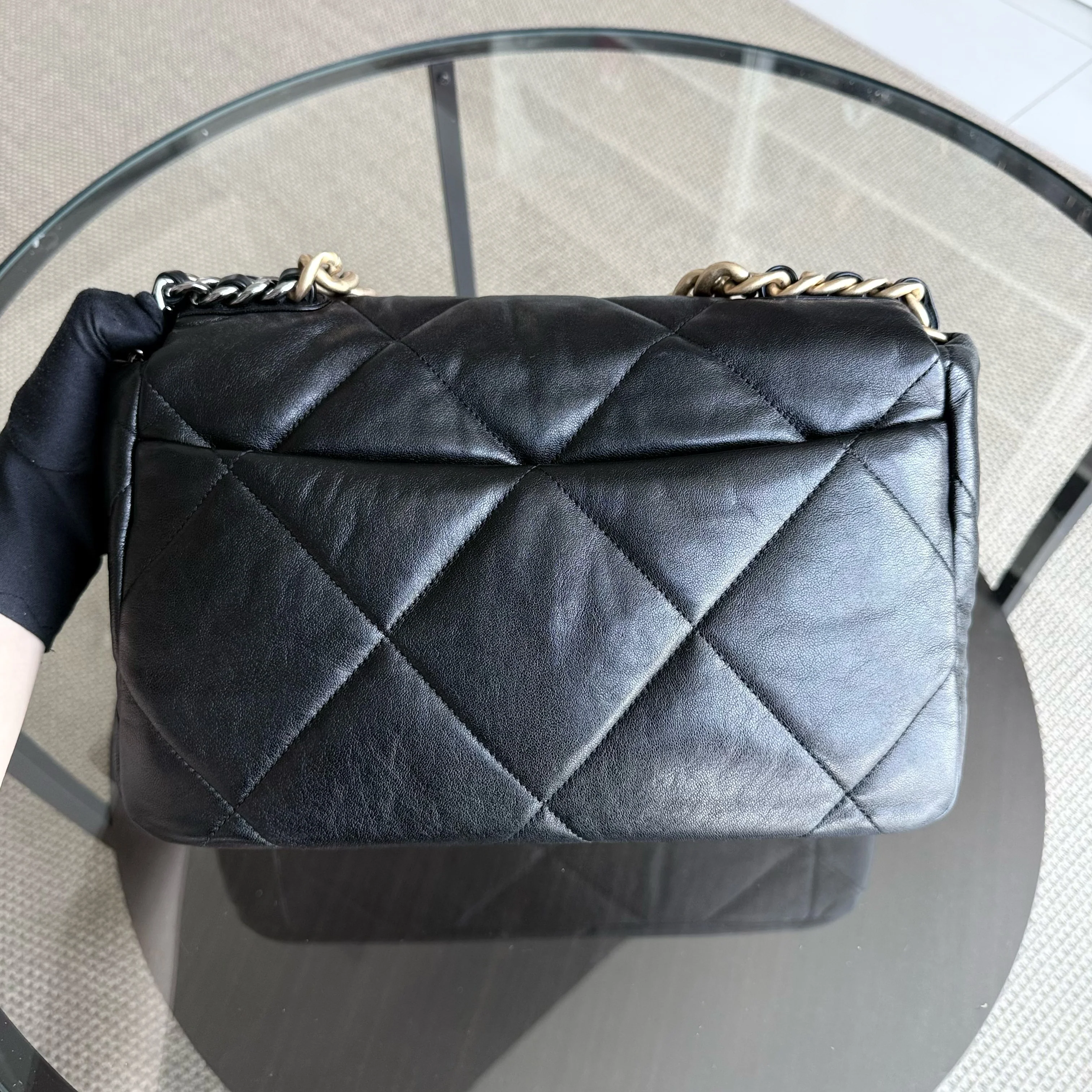 Chanel 19 Bag Medium - Quilted Goatskin Black Gold Hardware Two-tone Series 29