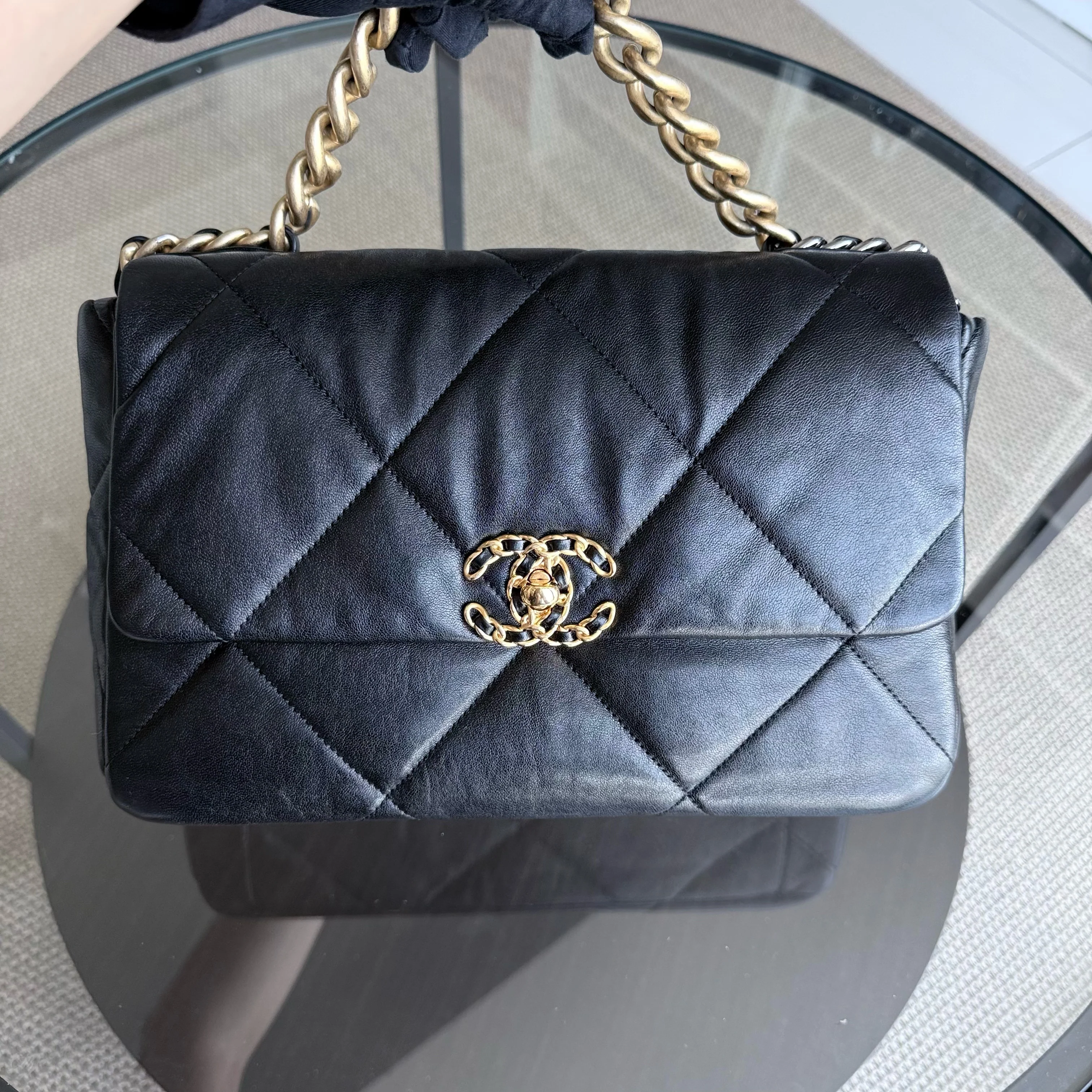 Chanel 19 Bag Medium - Quilted Goatskin Black Gold Hardware Two-tone Series 29