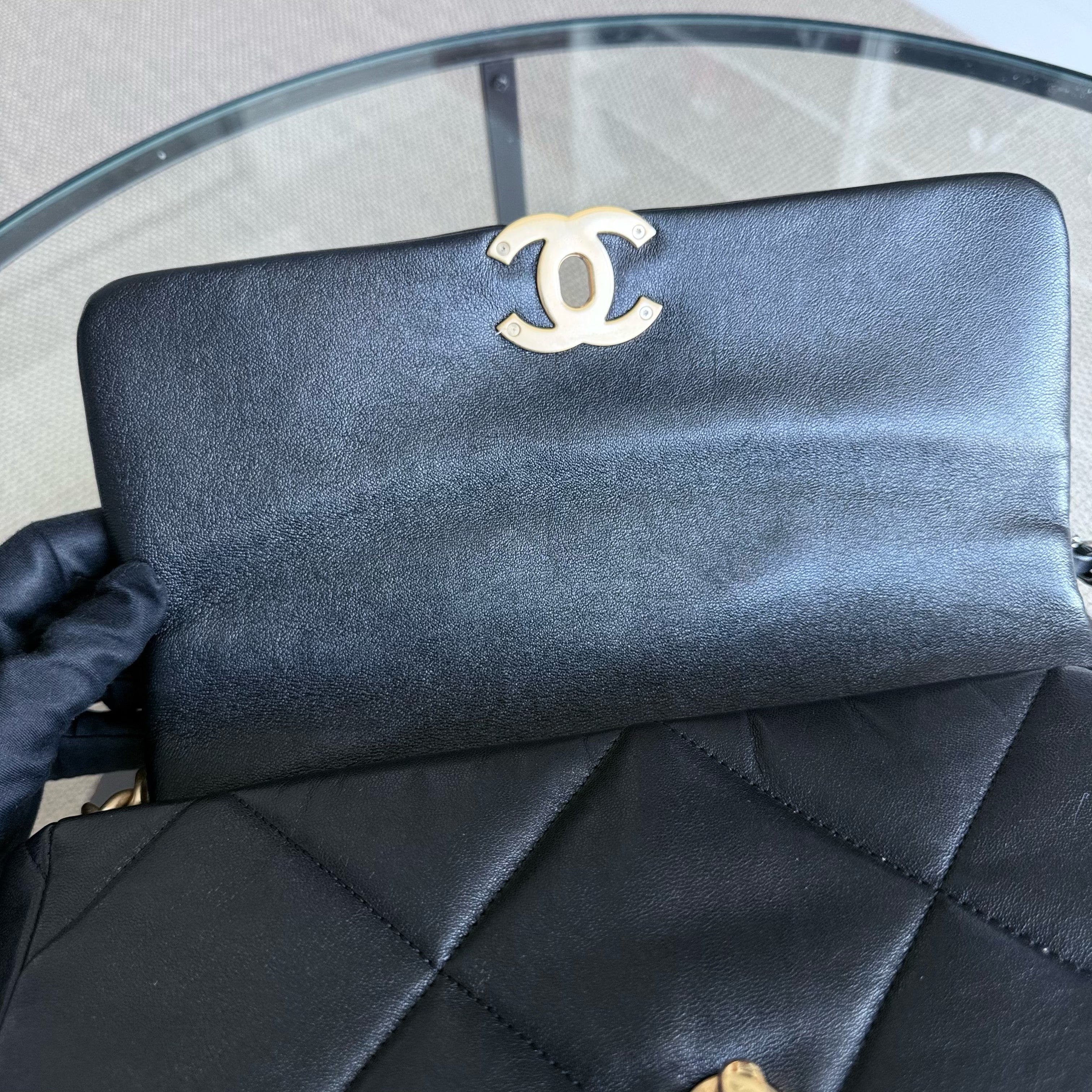 Chanel 19 Bag Medium - Quilted Goatskin Black Gold Hardware Two-tone Series 29