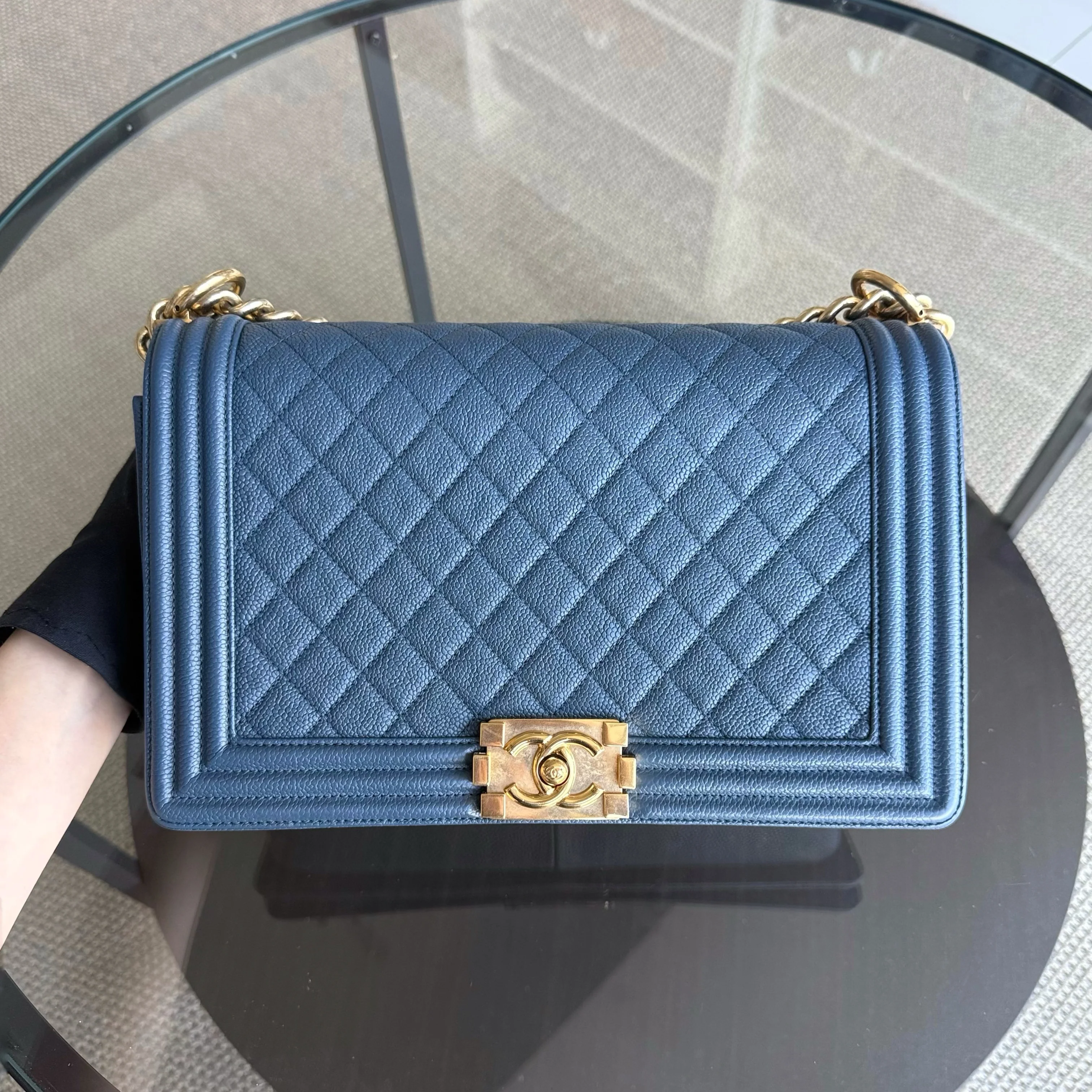 Chanel Boy New Medium - Caviar 28CM Quilted Grained Calfskin Blue Gold Hardware Series 23