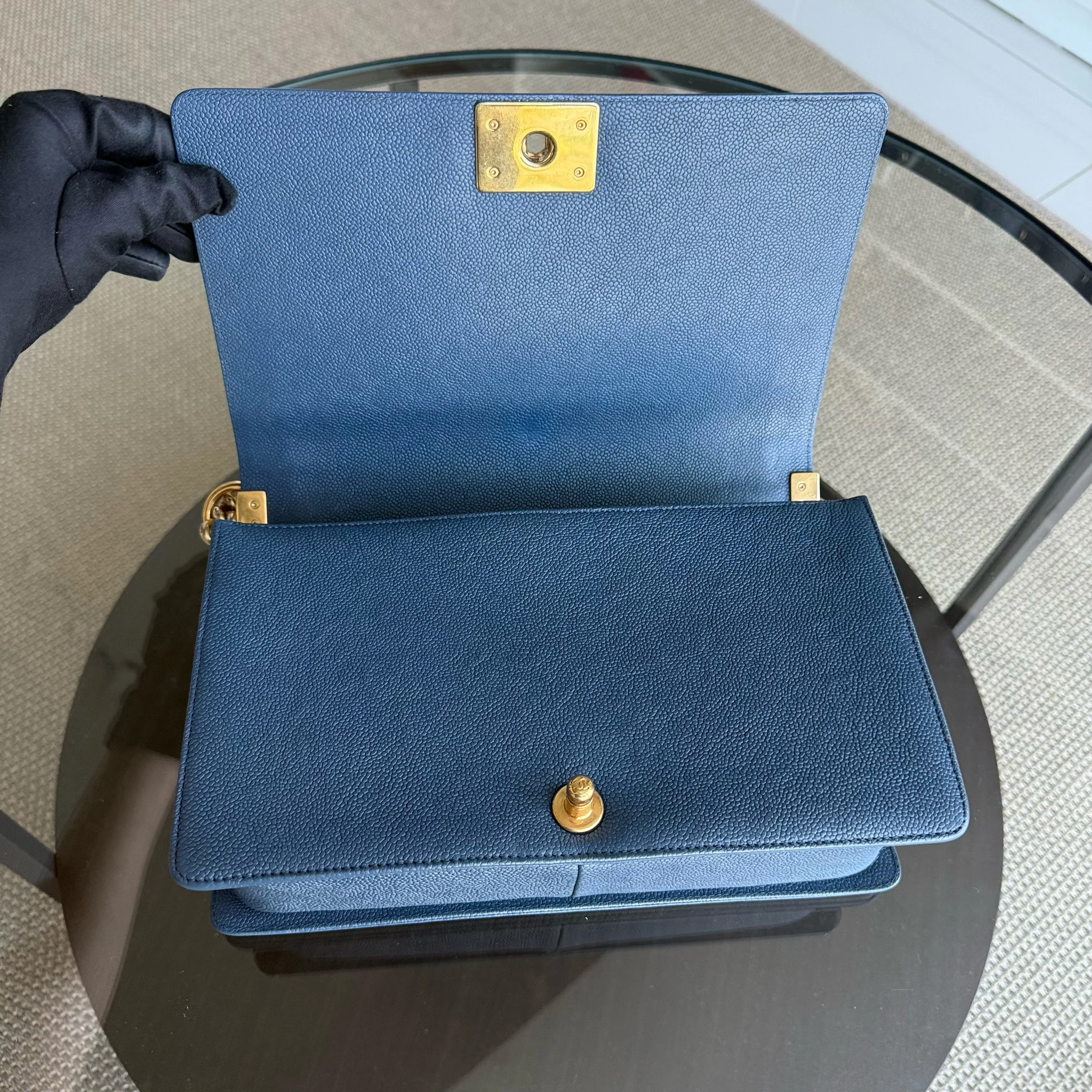 Chanel Boy New Medium - Caviar 28CM Quilted Grained Calfskin Blue Gold Hardware Series 23