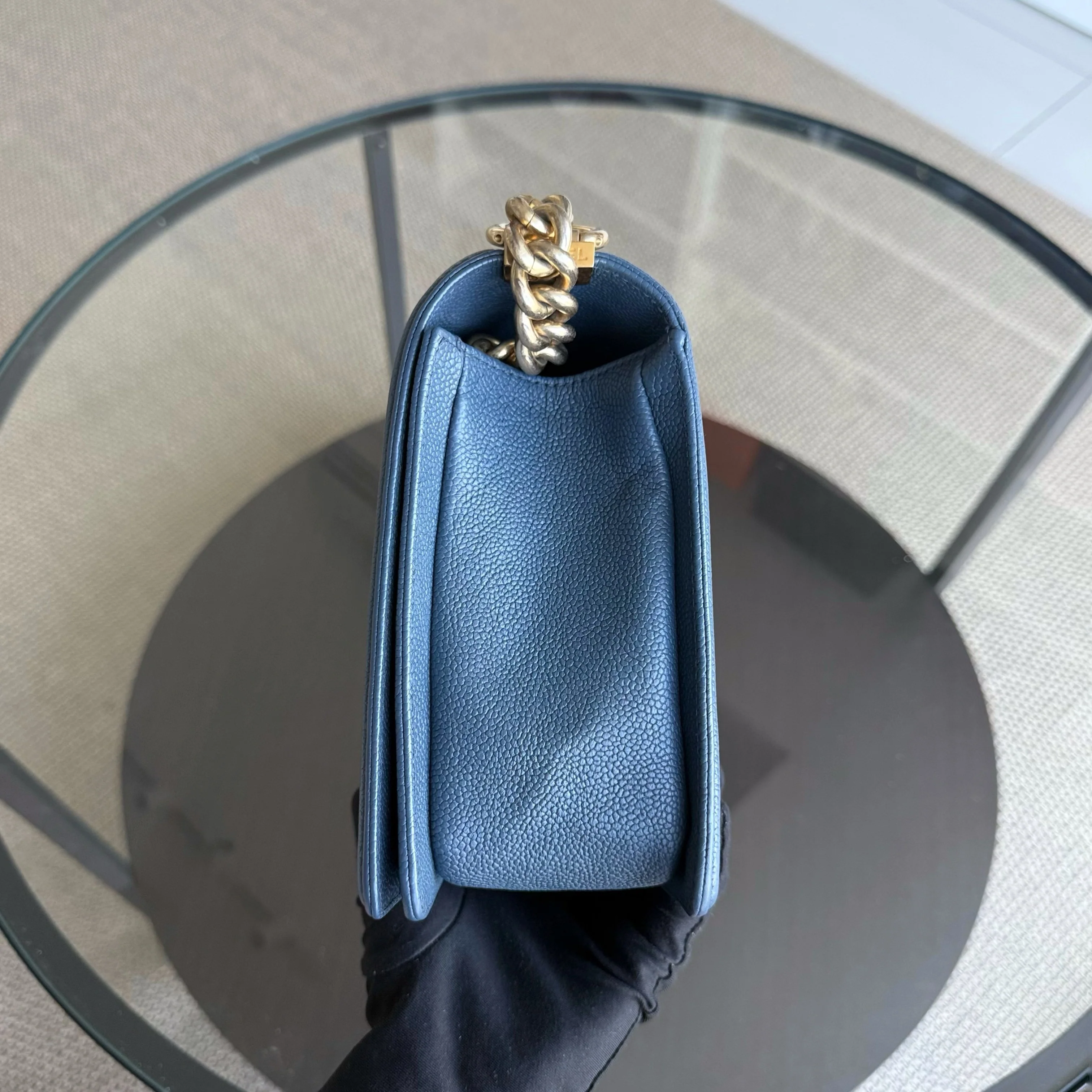 Chanel Boy New Medium - Caviar 28CM Quilted Grained Calfskin Blue Gold Hardware Series 23