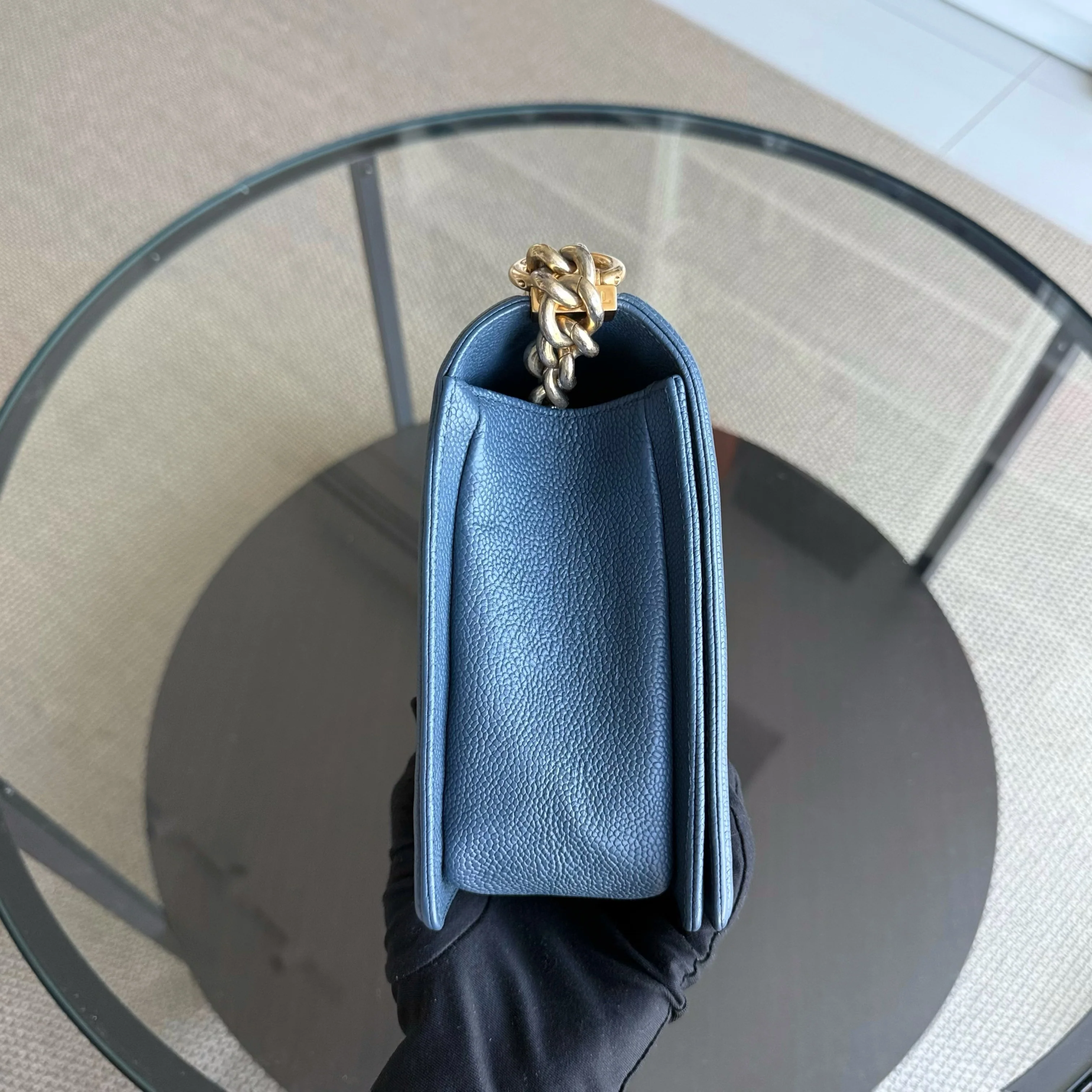 Chanel Boy New Medium - Caviar 28CM Quilted Grained Calfskin Blue Gold Hardware Series 23