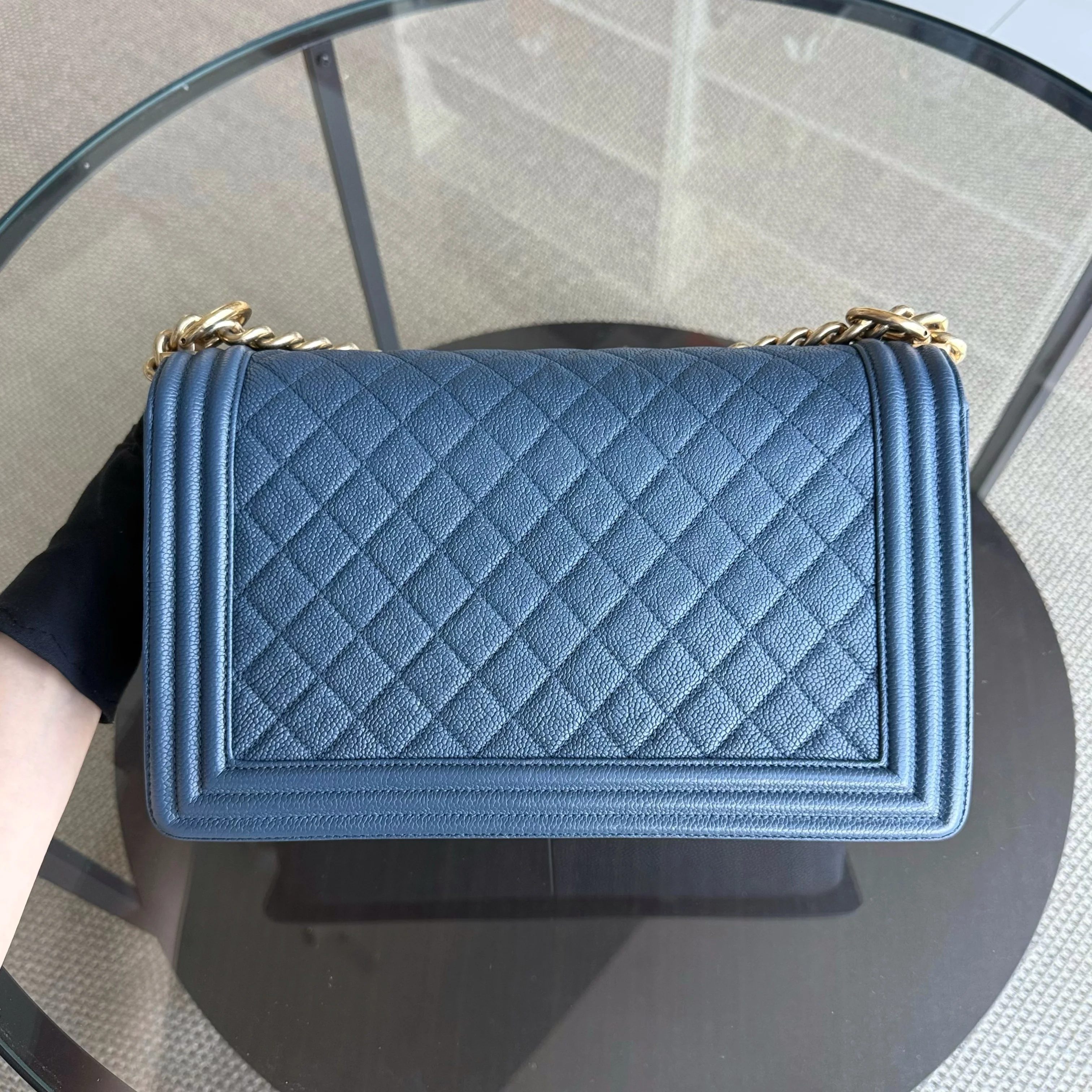 Chanel Boy New Medium - Caviar 28CM Quilted Grained Calfskin Blue Gold Hardware Series 23