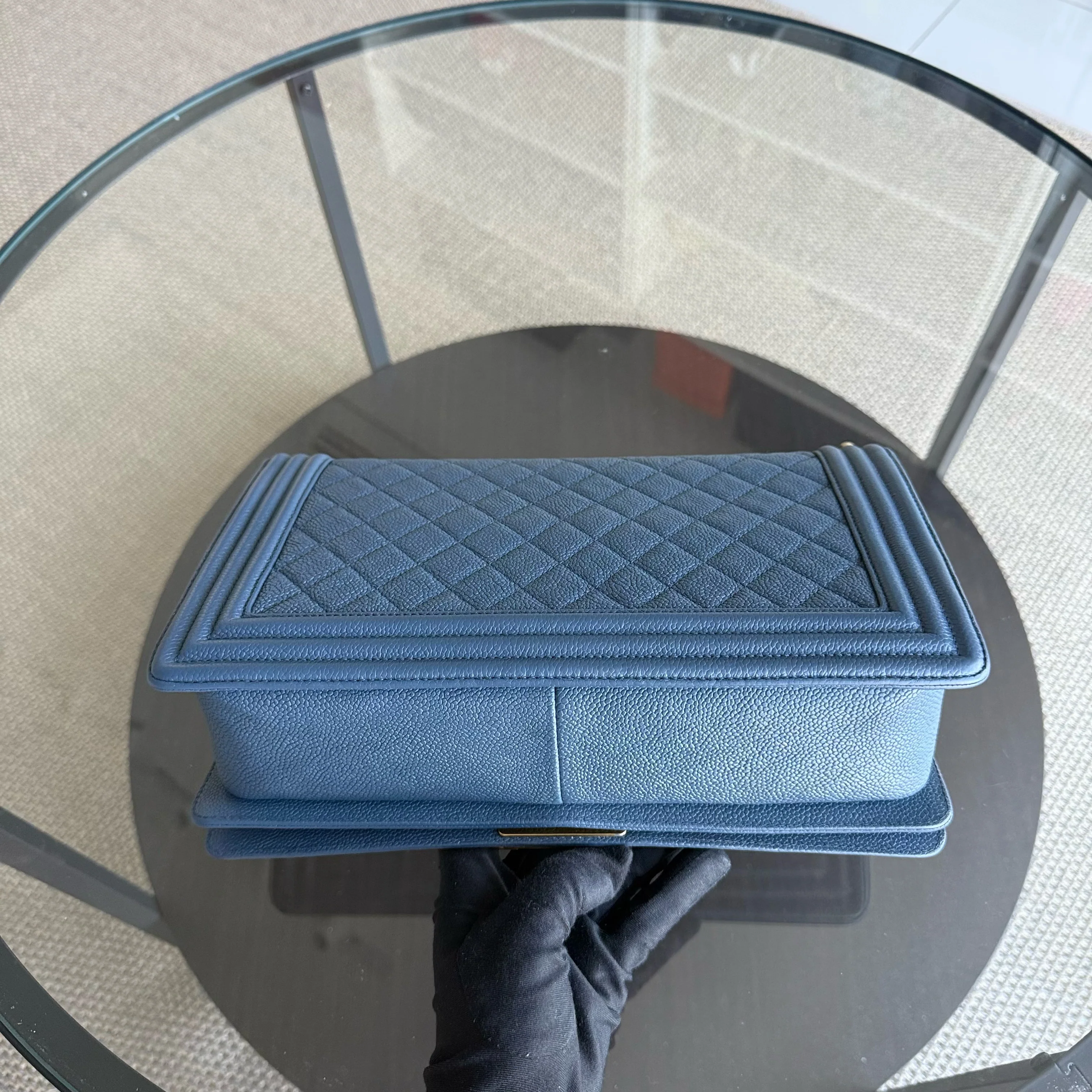 Chanel Boy New Medium - Caviar 28CM Quilted Grained Calfskin Blue Gold Hardware Series 23