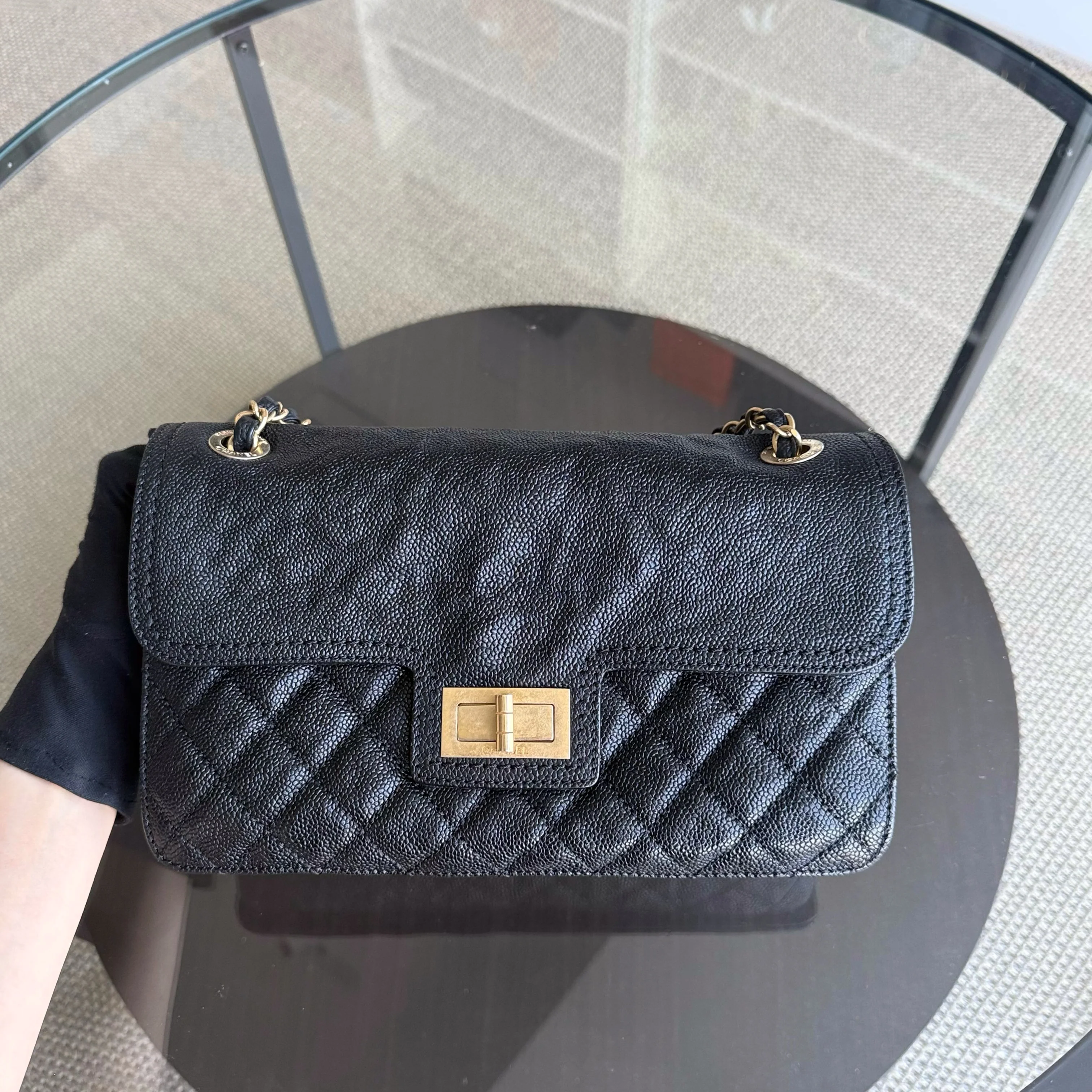 Chanel Mademoiselle 2.55 Lock Flap - Caviar Quilted Grained Calfskin Black Gold Hardware Series 16