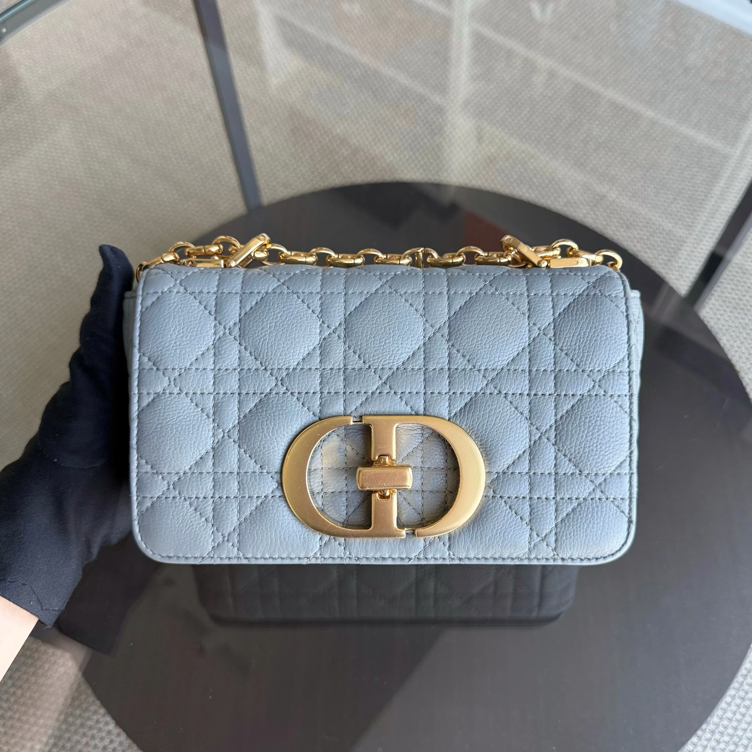 Dior Caro Small - Cannage Grained Calfskin Gray Grey Gold Hardware