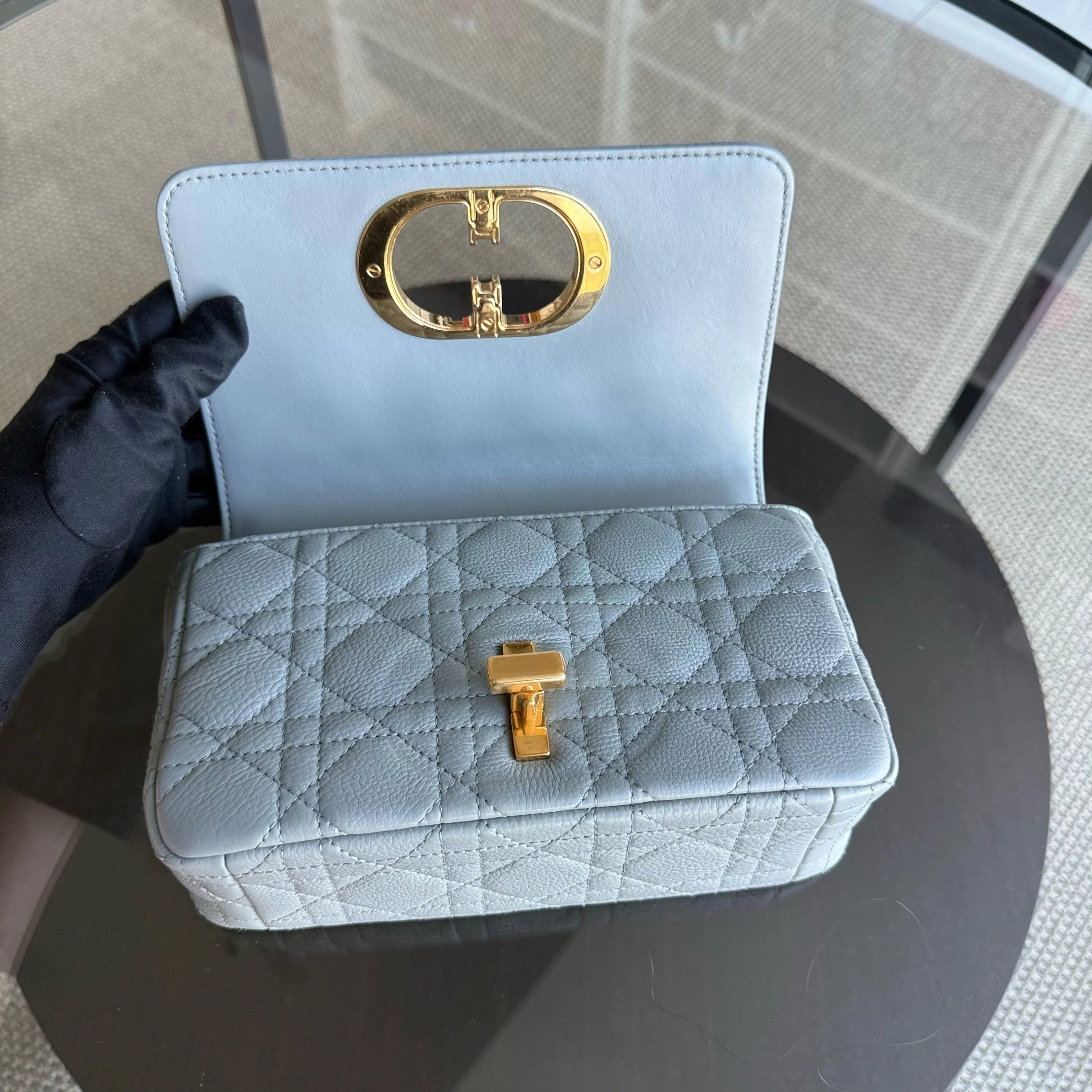 Dior Caro Small - Cannage Grained Calfskin Gray Grey Gold Hardware