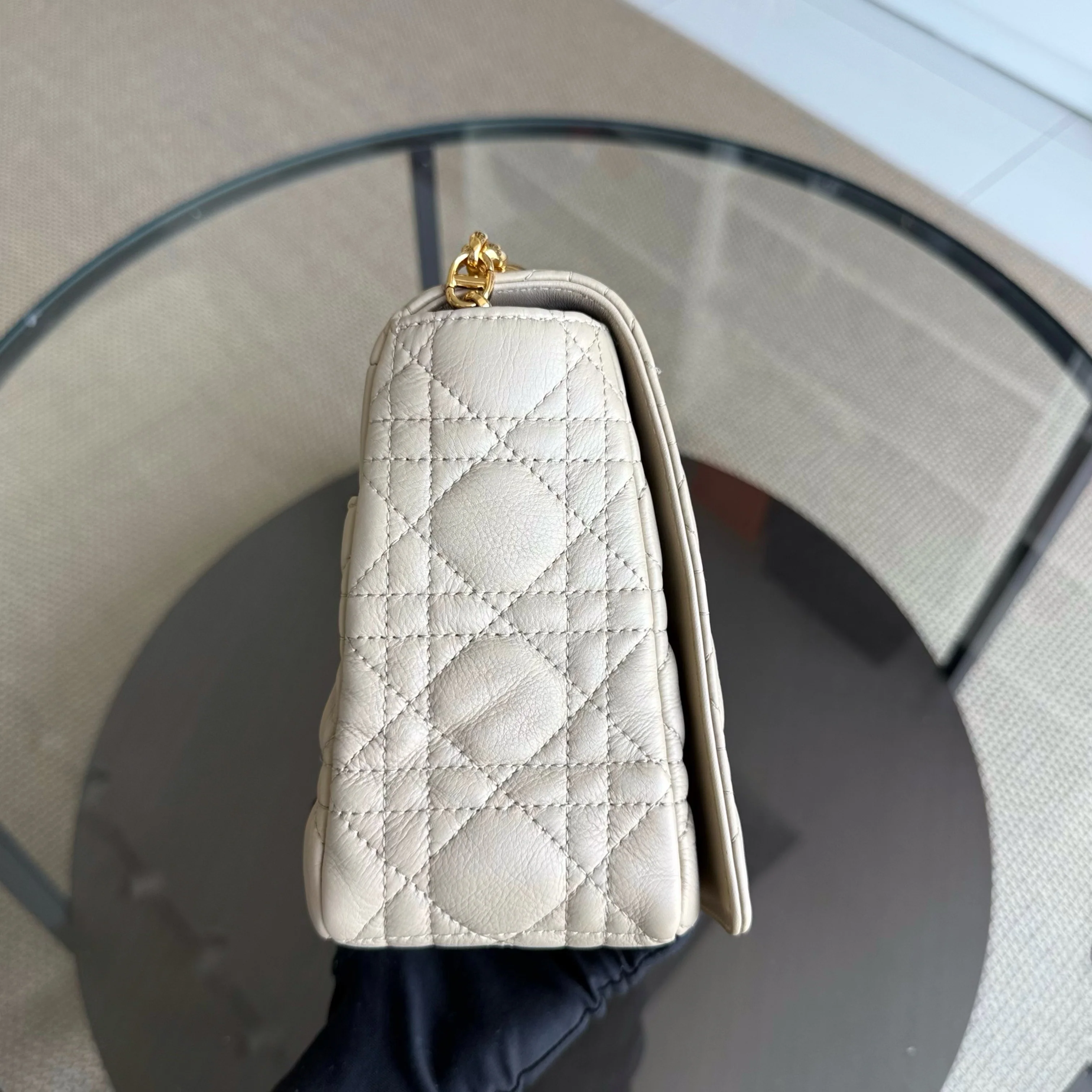 Dior Caro Large - Cannage Grained Calfskin Light Beige Gold Hardware