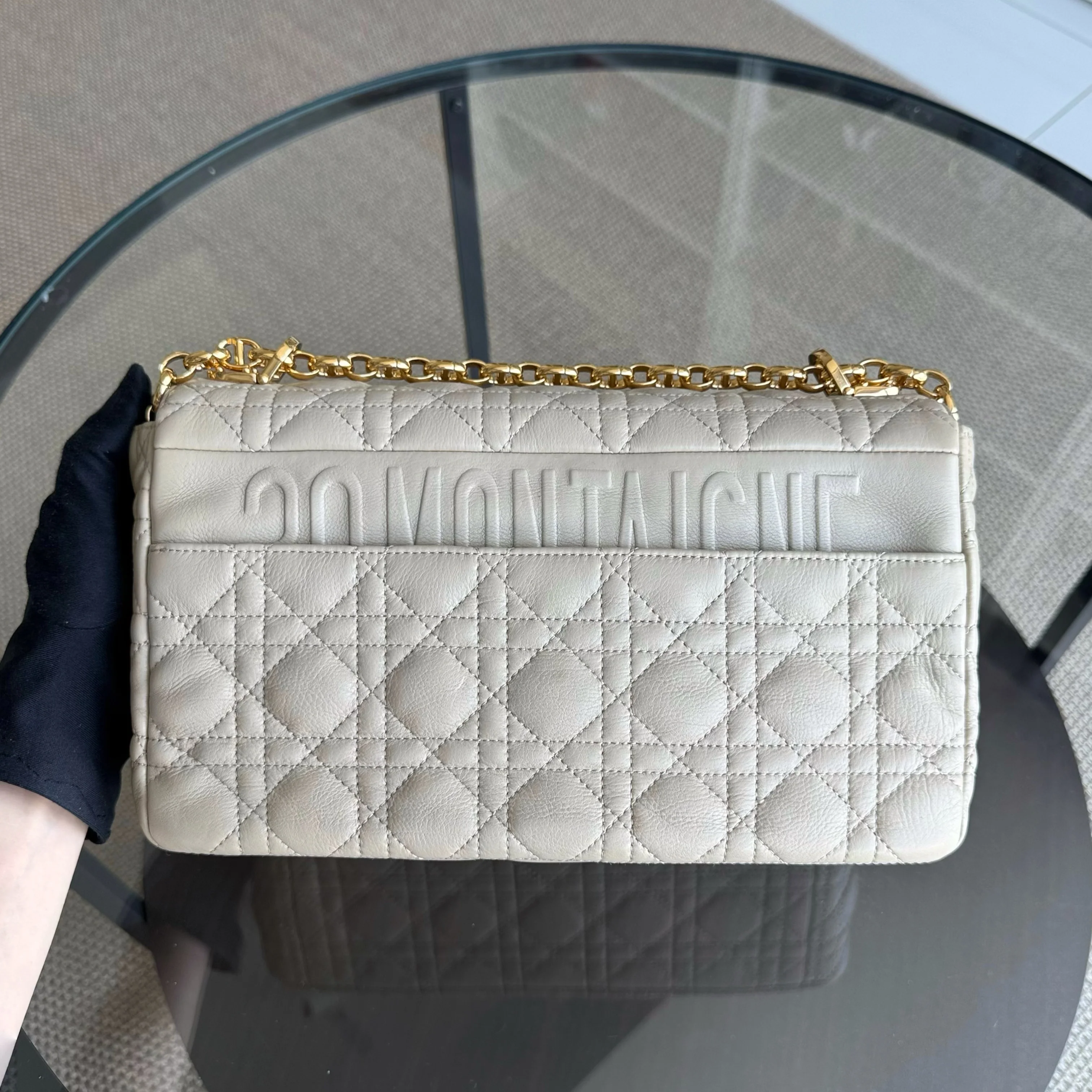 Dior Caro Large - Cannage Grained Calfskin Light Beige Gold Hardware