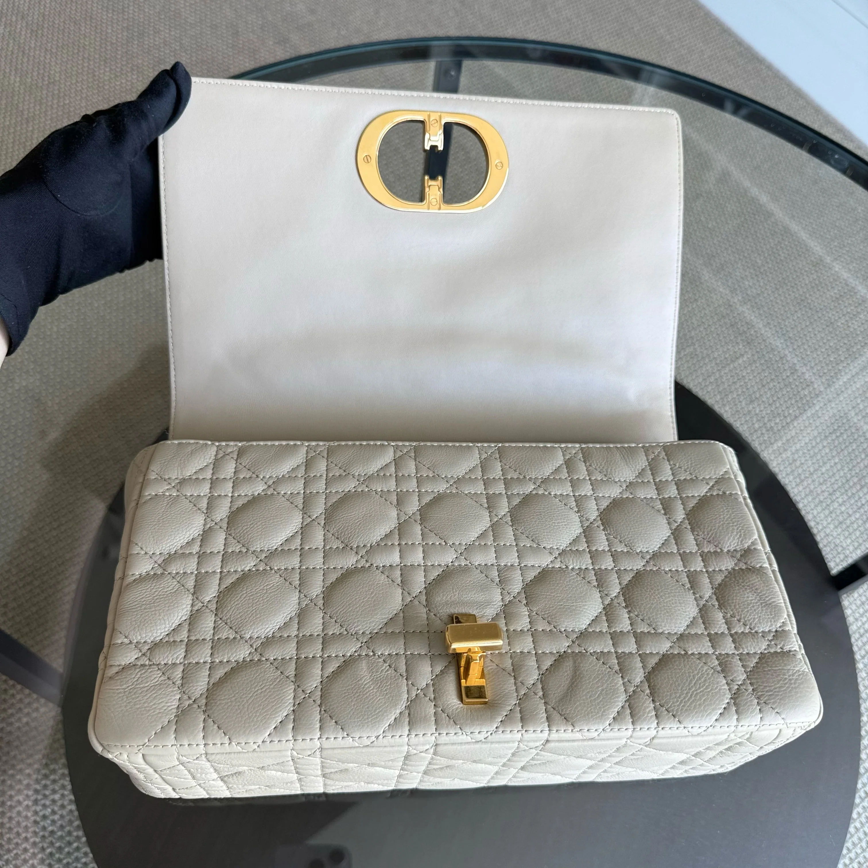 Dior Caro Large - Cannage Grained Calfskin Light Beige Gold Hardware