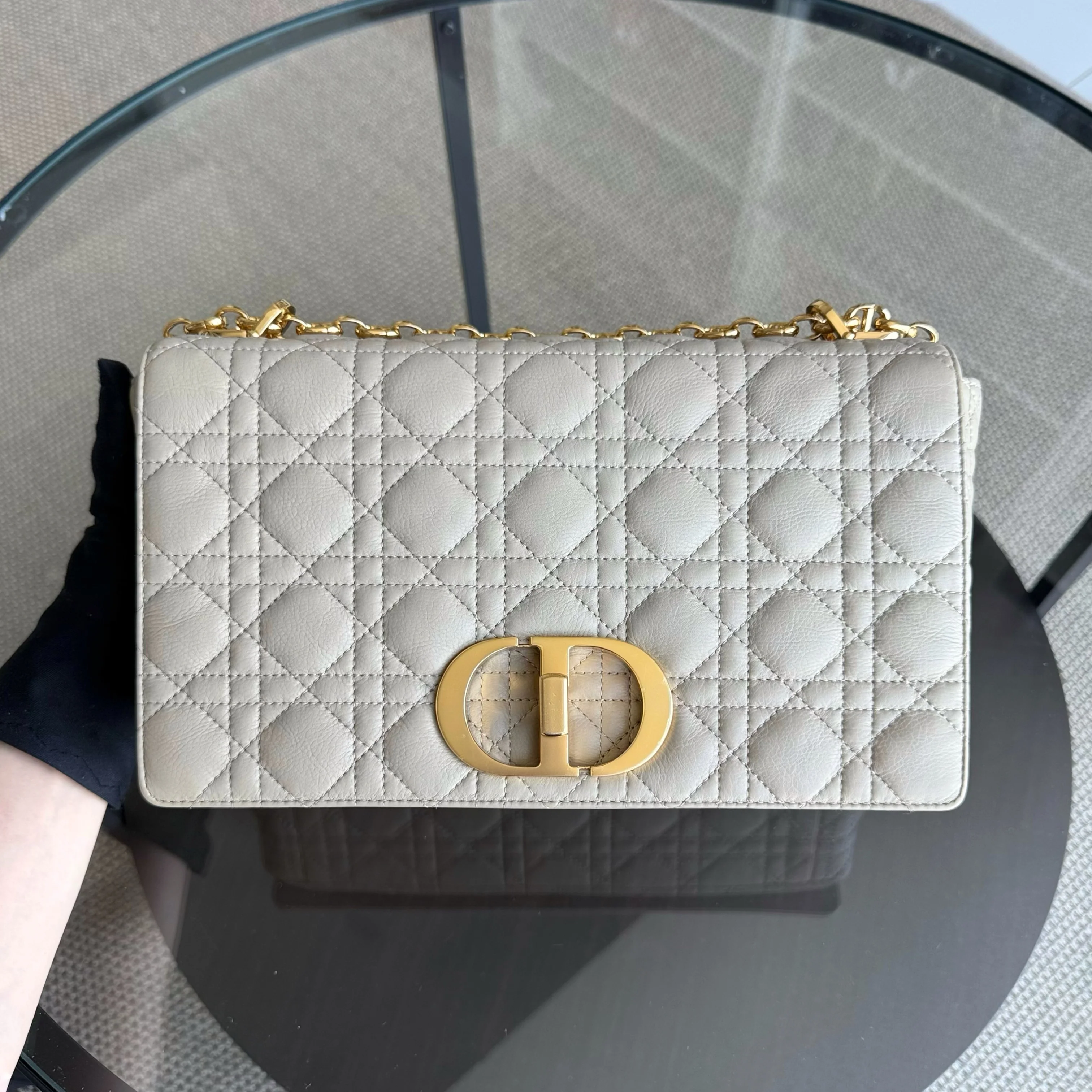 Dior Caro Large - Cannage Grained Calfskin Light Beige Gold Hardware