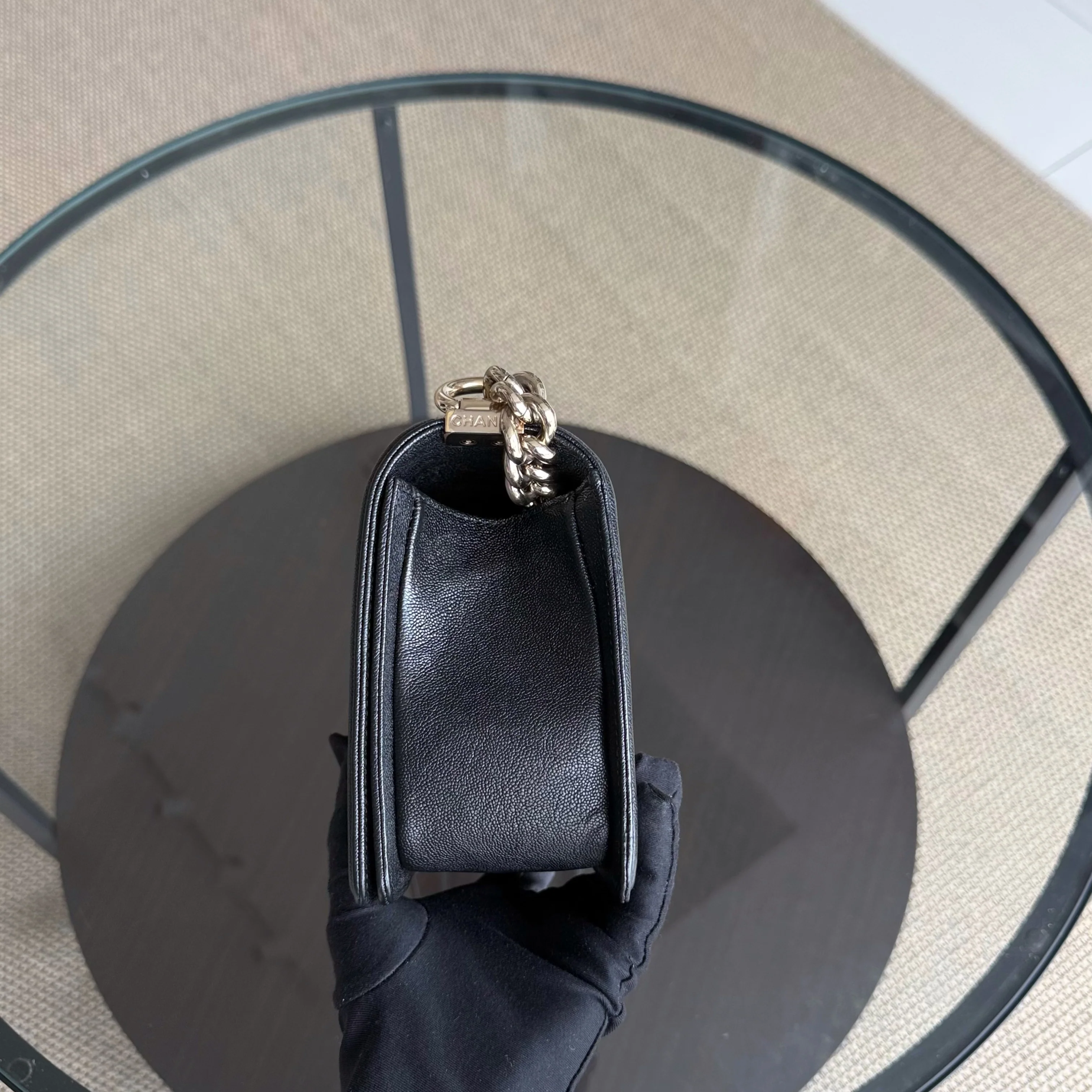 Chanel Boy Medium - Caviar 25CM Grained Calfskin Chevron Black Gold Hardware