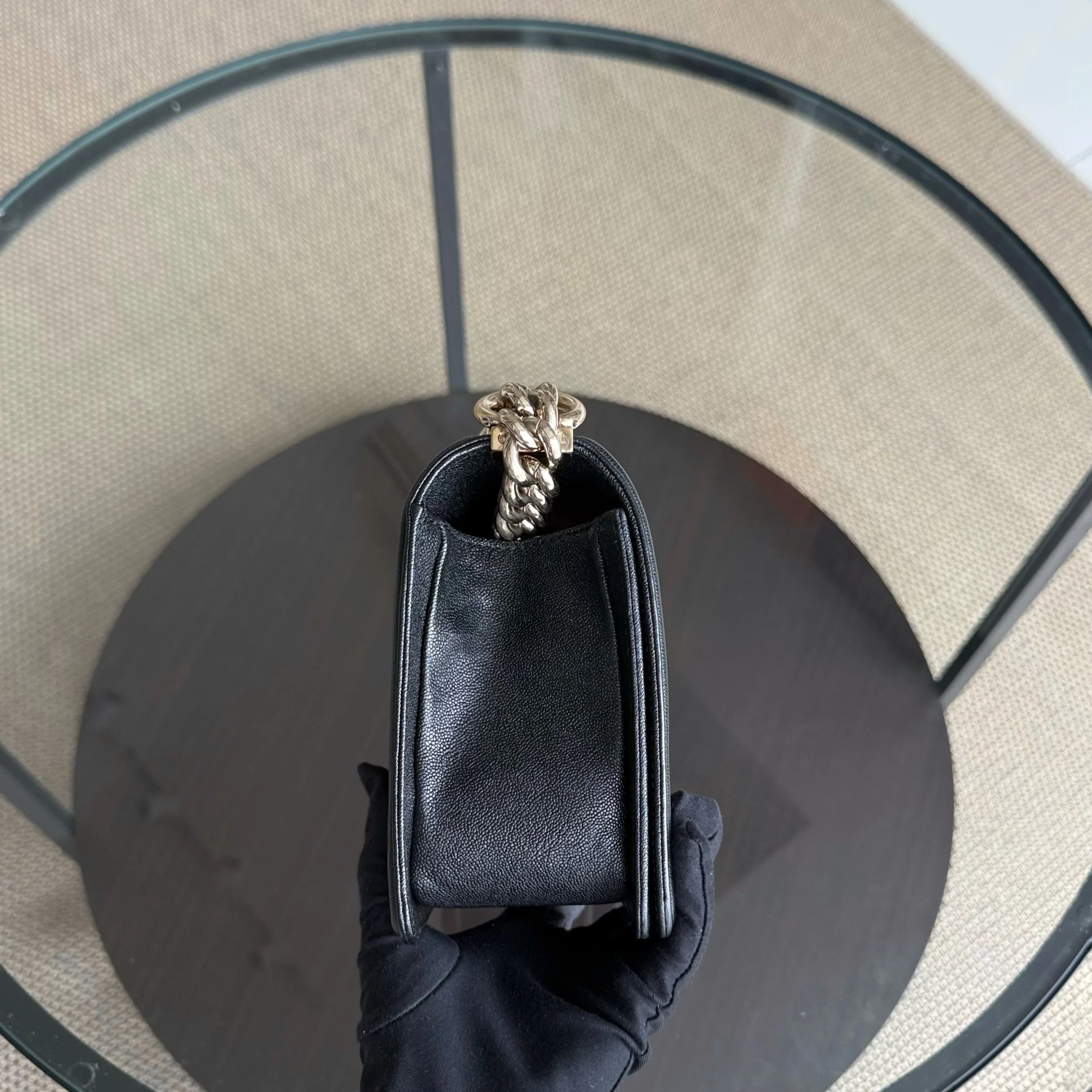 Chanel Boy Medium - Caviar 25CM Grained Calfskin Chevron Black Gold Hardware