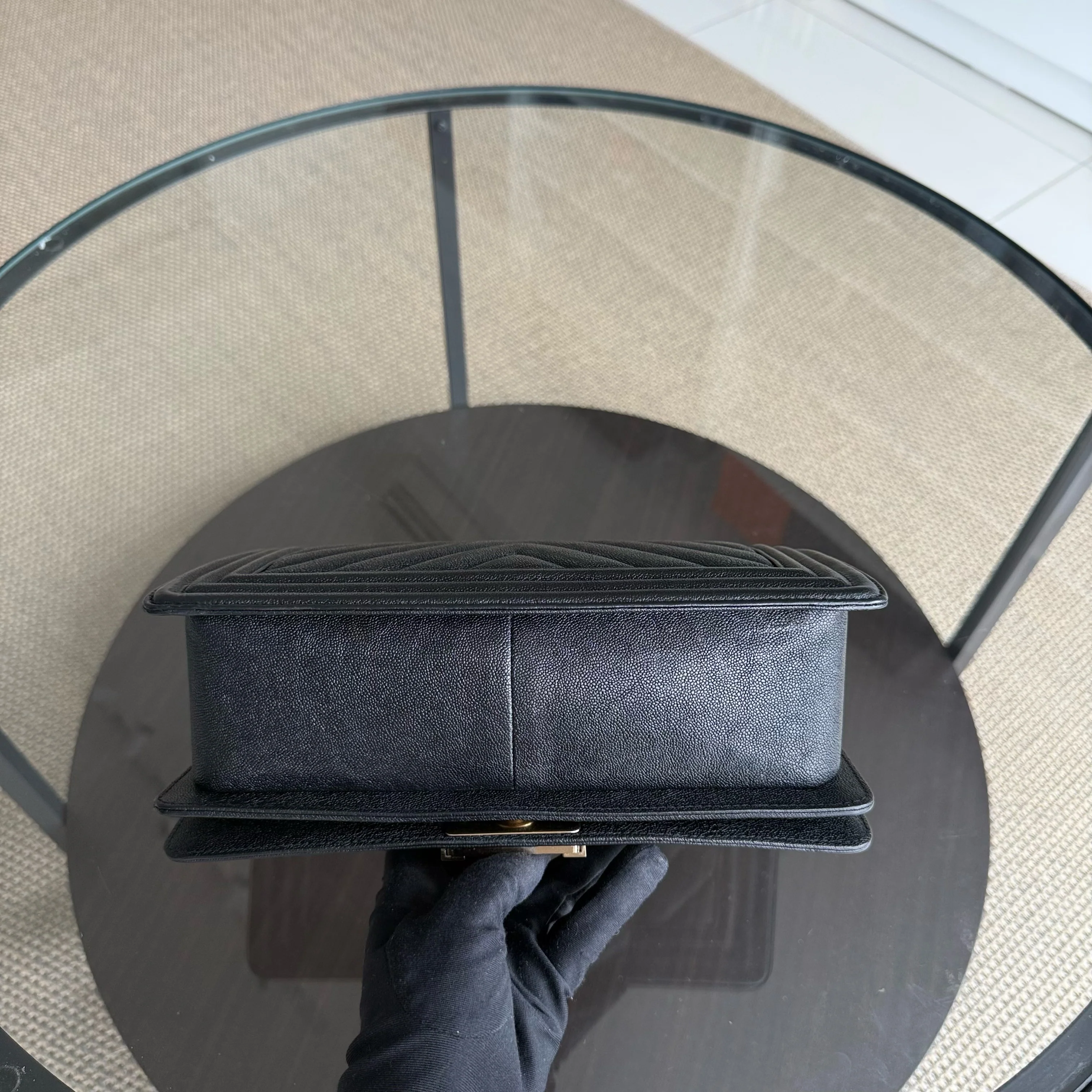 Chanel Boy Medium - Caviar 25CM Grained Calfskin Chevron Black Gold Hardware