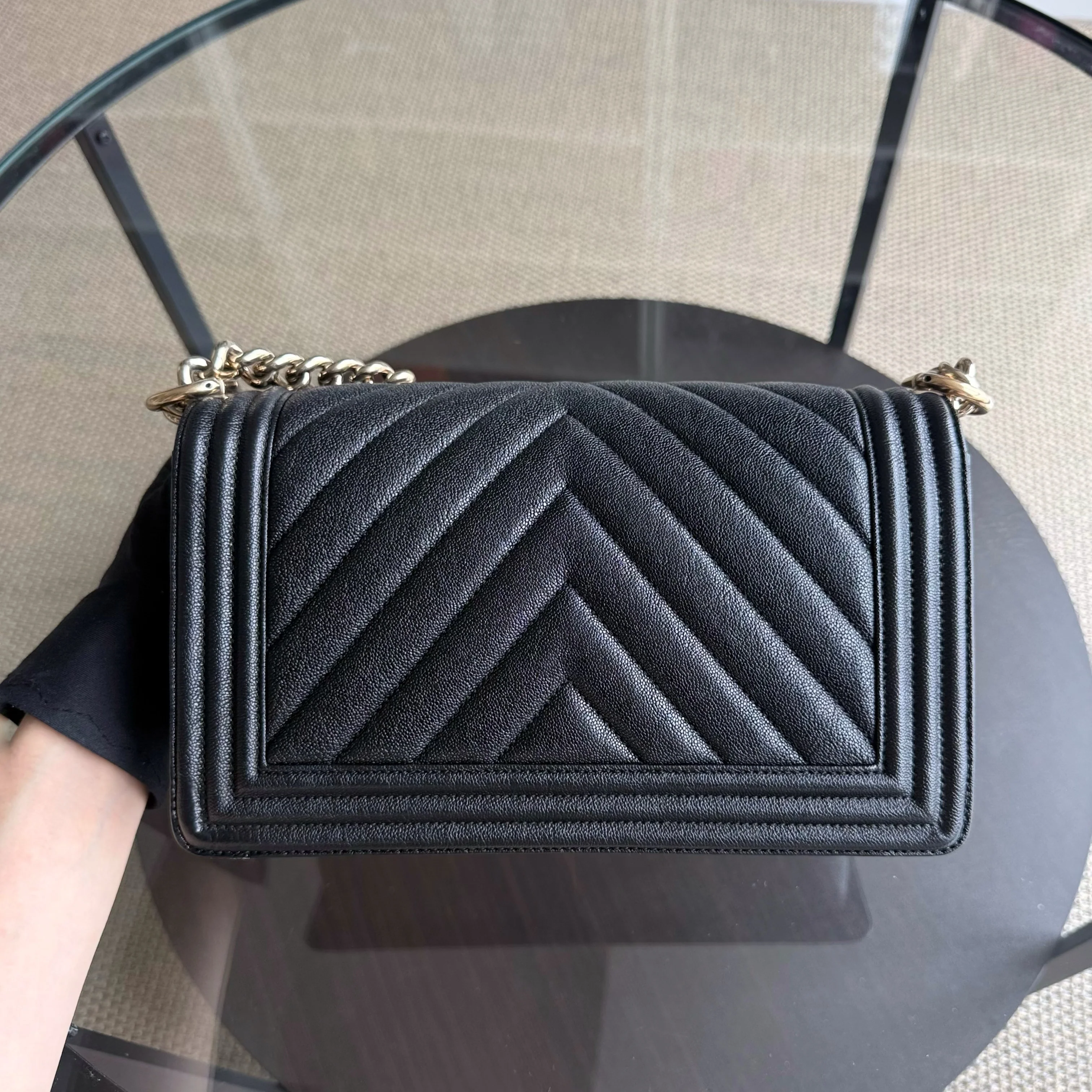 Chanel Boy Medium - Caviar 25CM Grained Calfskin Chevron Black Gold Hardware